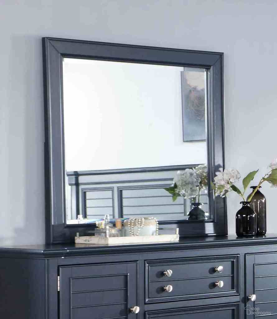 The appearance of Manzanillo Mirror In Slate Blue designed by Furniture of America in the transitional interior design. This slate blue piece of furniture  was selected by 1StopBedrooms from Manzanillo Collection to add a touch of cosiness and style into your home. Sku: CM7470BL-M. Material: Solid Wood.
