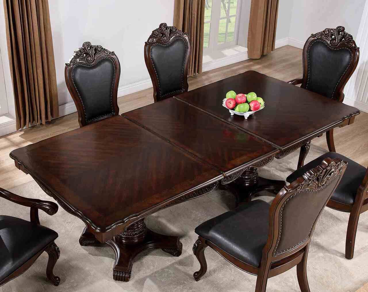 The appearance of Manzanita Dining Table In Dark Cherry designed by Furniture of America in the traditional interior design. This dark cherry piece of furniture  was selected by 1StopBedrooms from Manzanita Collection to add a touch of cosiness and style into your home. Sku: FM3261CH-T-1;FM3261CH-T-2. Table Base Style: Double Pedestal. Material: Leather. Table Top Shape: Rectangular. Size: 45" x 95".