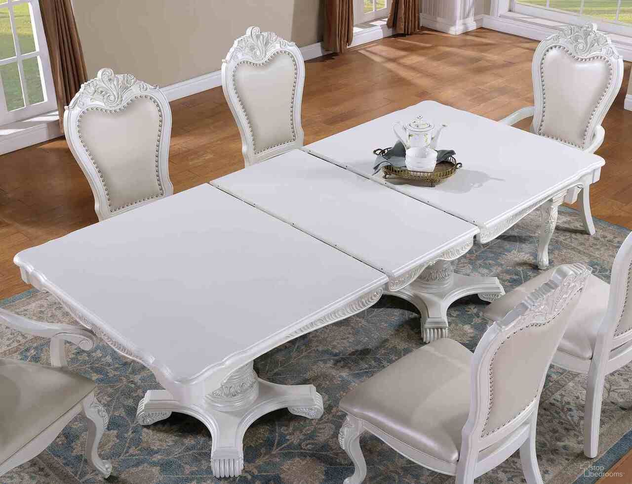 The appearance of Manzanita Dining Table In White designed by Furniture of America in the traditional interior design. This white piece of furniture was selected by 1StopBedrooms from Manzanita Collection to add a touch of cosiness and style into your home. Sku: FM3261WH-T-1;FM3261WH-T-2. Table Base Style: Double Pedestal. Material: Leather. Table Top Shape: Rectangular. Size: 45" x 95".