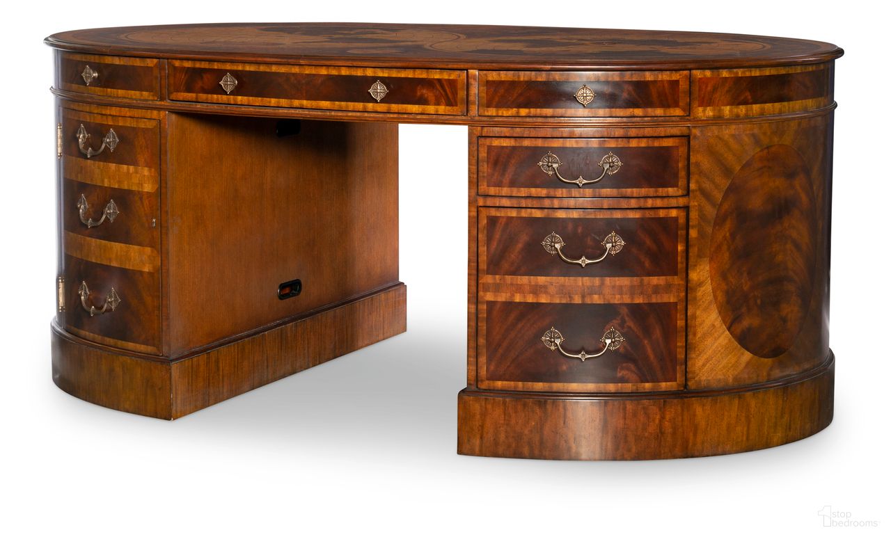 The appearance of Map Partner's Oval Desk In Brown designed by Maitland-Smith in the modern / contemporary interior design. This brown piece of furniture was selected by 1StopBedrooms from Maitland Smith Collection to add a touch of cosiness and style into your home. Sku: 8116-55-BL;8116-55-BR;8116-55-T. Material: Mahogany.