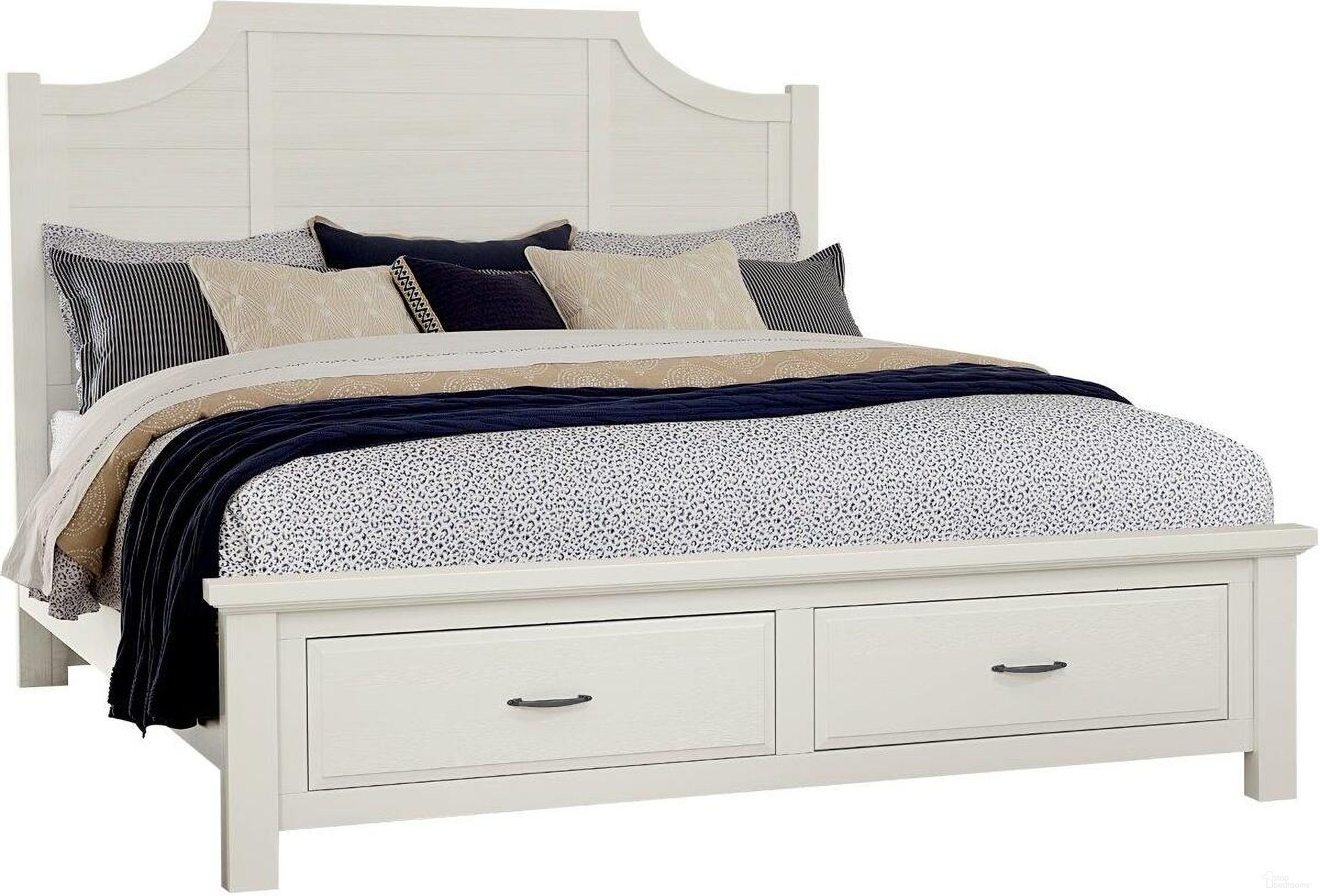 The appearance of Maple Road Queen Scalloped Storage Bed In Soft White designed by Artisan & Post in the transitional interior design. This soft white piece of furniture was selected by 1StopBedrooms from Maple Road Collection to add a touch of cosiness and style into your home. Sku: 116-557;116-050B;116-502;AP-555T. Bed Type: Storage Bed. Material: Wood. Bed Size: Queen.