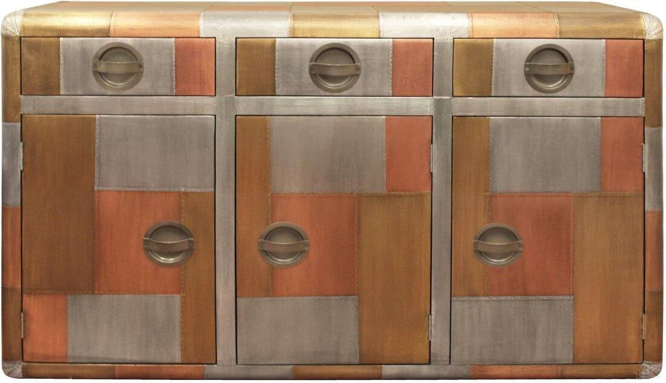 The appearance of Mar Vista 3 Drawer 3 Door Sideboard In Copper designed by Moti in the coastal interior design. This copper piece of furniture  was selected by 1StopBedrooms from Mar Vista Collection to add a touch of cosiness and style into your home. Sku: 60009001. Material: Metal.