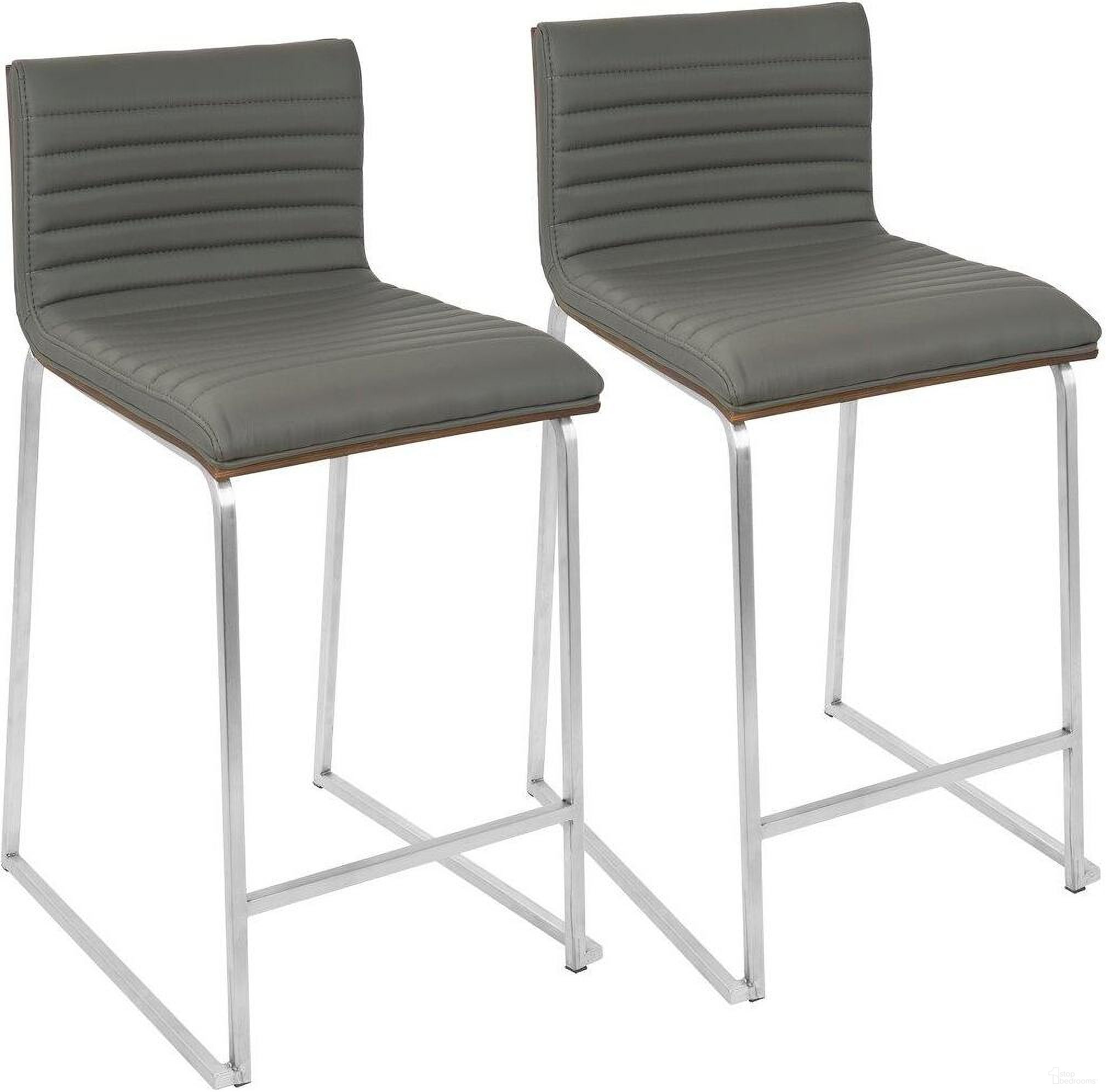 The appearance of Mara 26 Inch Contemporary Counter Stool In Brushed Stainless Steel, Walnut Wood, And Grey Faux Leather - Set Of 2 designed by Lumisource in the modern / contemporary interior design. This walnut piece of furniture was selected by 1StopBedrooms from Mara Collection to add a touch of cosiness and style into your home. Sku: B26-MARA WL+GY2. Material: Metal.