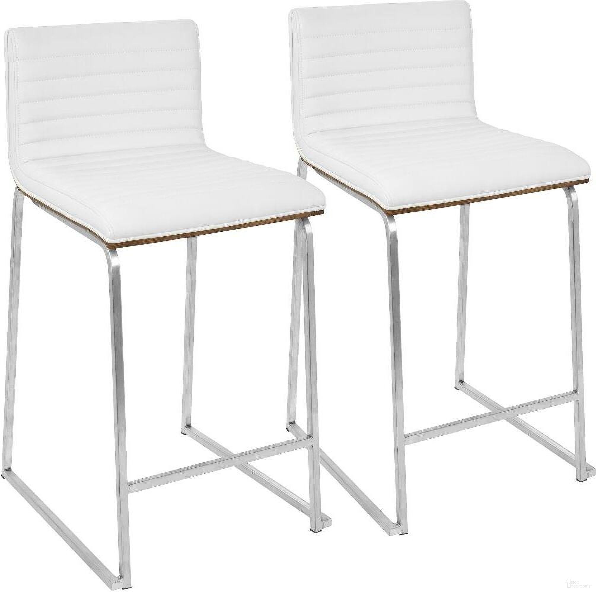 The appearance of Mara 26 Inch Contemporary Counter Stool In Brushed Stainless Steel, Walnut Wood, And White Faux Leather - Set Of 2 designed by Lumisource in the modern / contemporary interior design. This white piece of furniture was selected by 1StopBedrooms from Mara Collection to add a touch of cosiness and style into your home. Sku: B26-MARA WL+W2. Material: Metal.