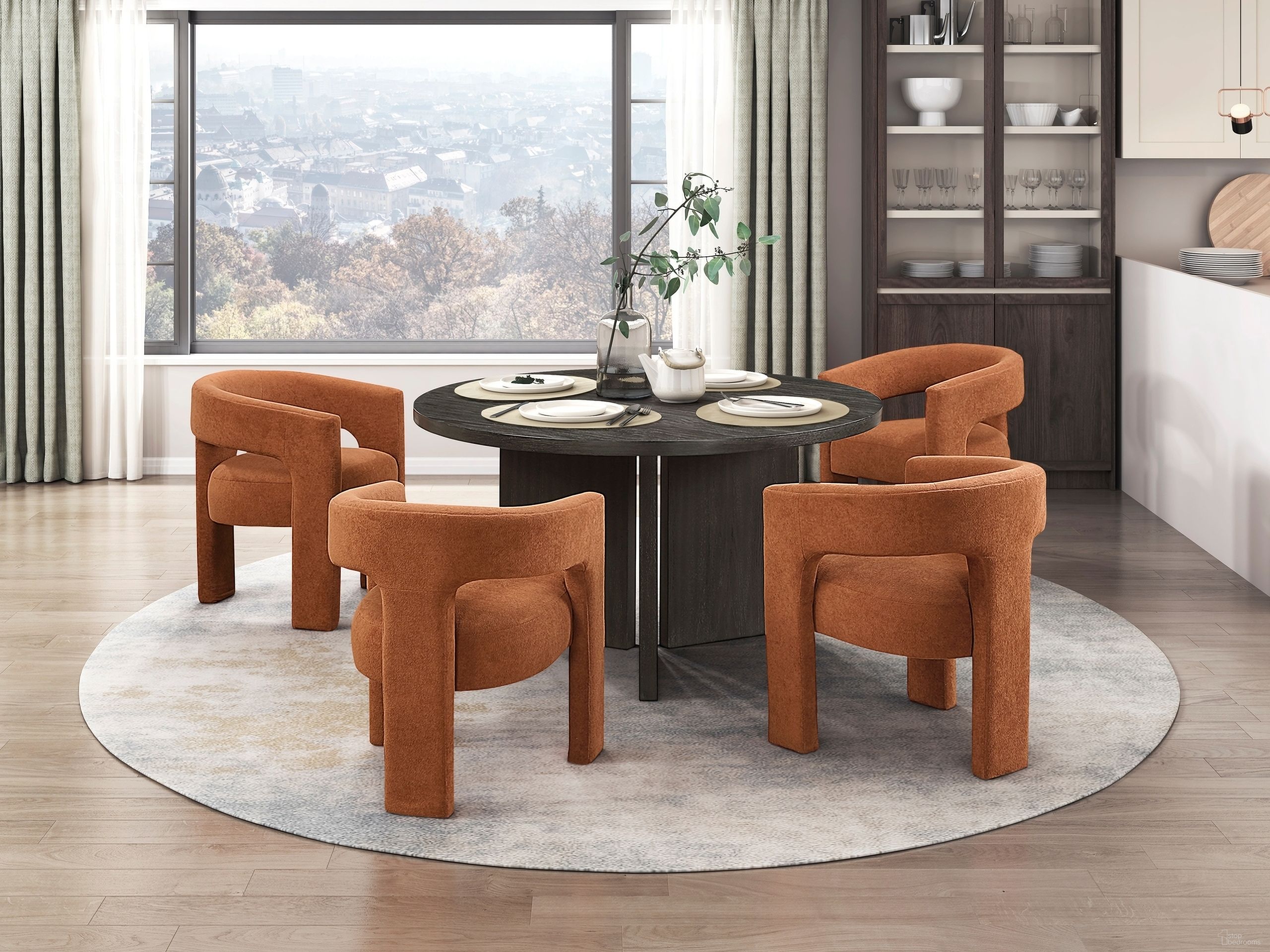 The appearance of Marais Round Dining Room Set in Black and Brown designed by Homelegance in the modern / contemporary interior design. This black piece of furniture was selected by 1StopBedrooms from Marais Collection to add a touch of cosiness and style into your home. Sku: 6050-54RD;6054RNS. Table Top Shape: Round. Material: Fabric. Size: 54".
