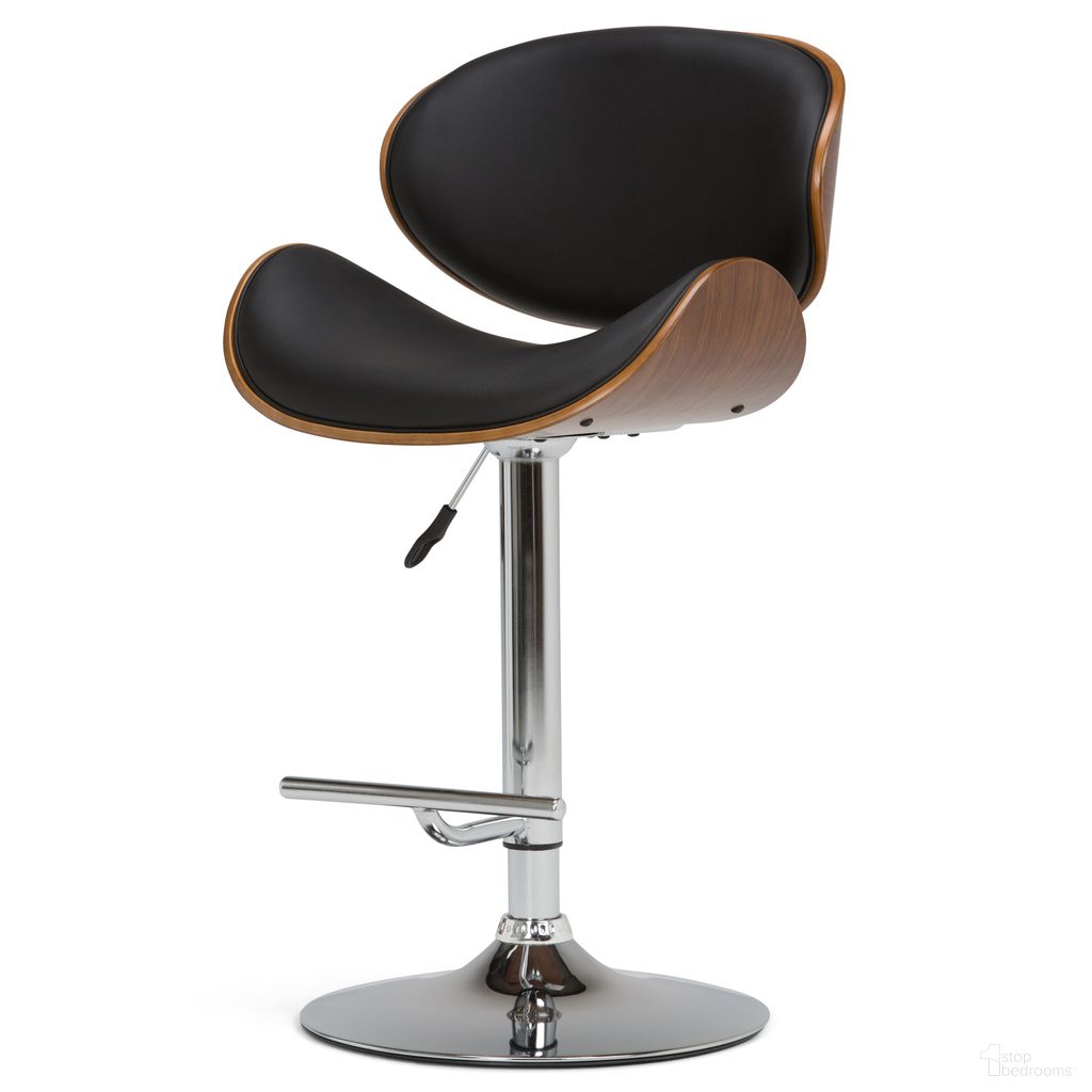 The appearance of Marana Bentwood Vegan Faux Leather Adjustable Swivel Bar Stool In Black designed by Simpli Home in the transitional interior design. This black piece of furniture was selected by 1StopBedrooms from Marana Collection to add a touch of cosiness and style into your home. Sku: AXCMARN-BL. Material: Faux Leather.