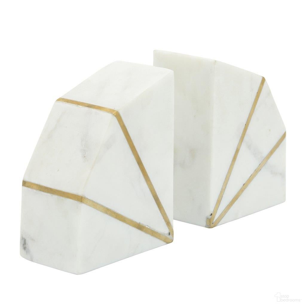 Marble 4 Inch Accent Bookends Set of 2 With Gold Inlays In White