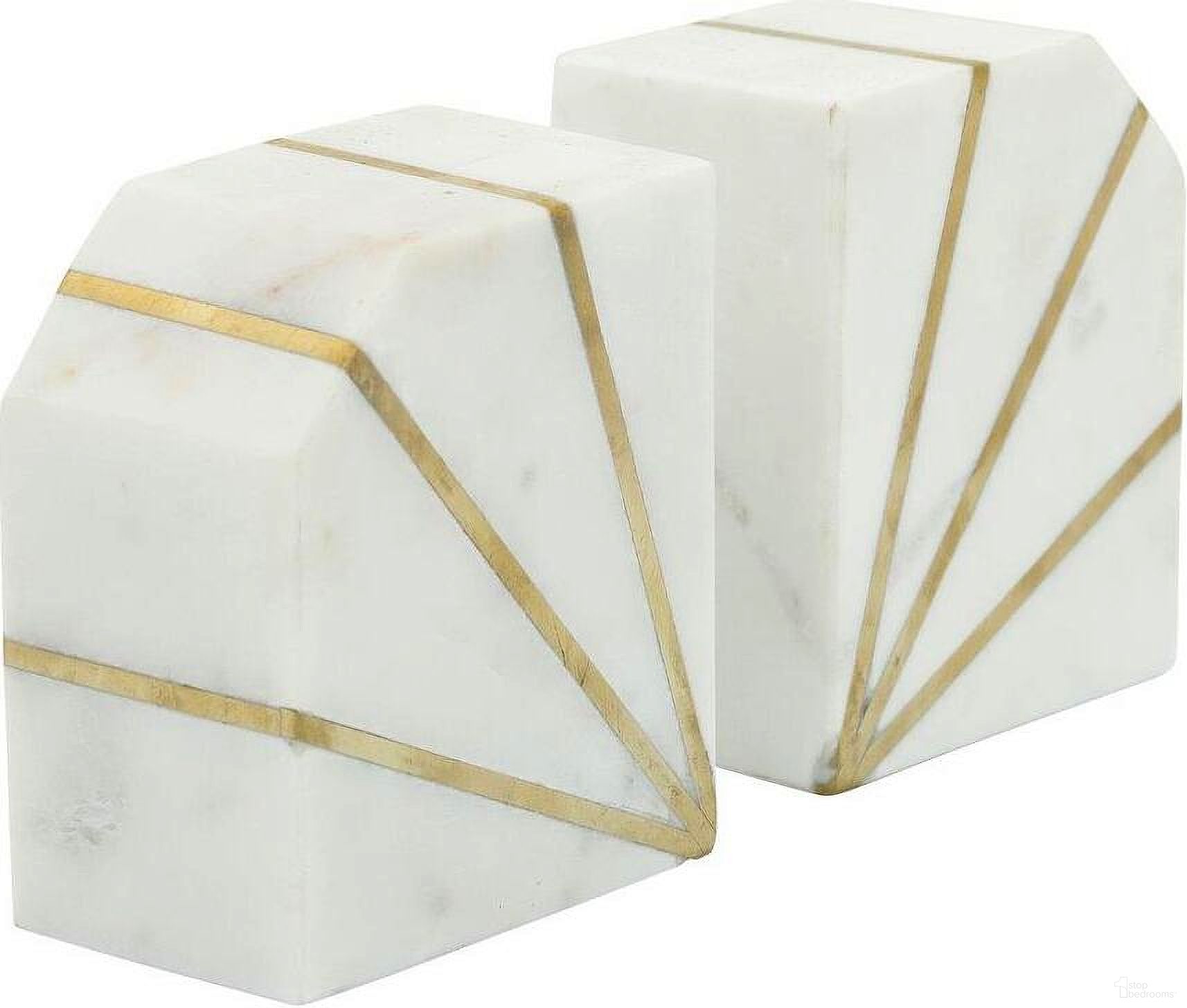 Marble 5 Inch Polished Bookends Set of 2 With Gold Inlays In White