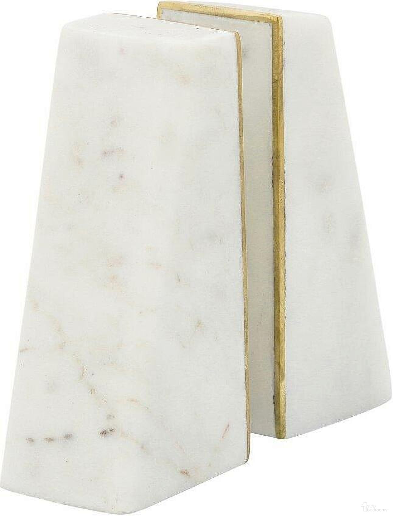 Marble 7 Inch Slanted Bookends Set of 2 With Gold Trim In White