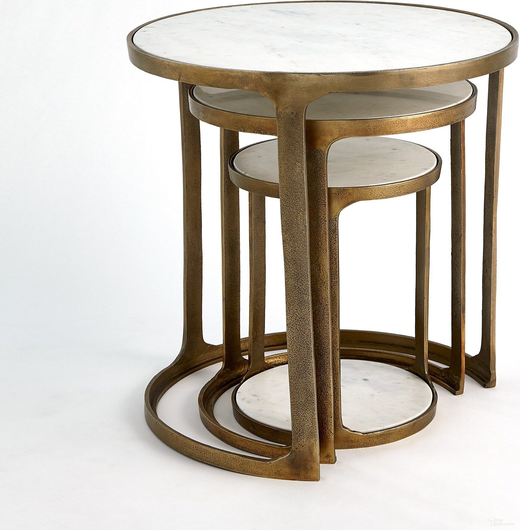The appearance of Marble Top Nesting Tables Set of 3 In Brass designed by Global Views in the modern / contemporary interior design. This white piece of furniture  was selected by 1StopBedrooms from Marble Collection to add a touch of cosiness and style into your home. Sku: 993525. Material: Aluminum.
