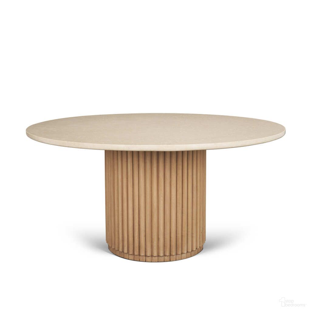 The appearance of Marbrello 60 Inch Botticino Marble Top Fluted Wood Round Dining Table In Light Brown designed by Mercana in the modern / contemporary interior design. This light brown piece of furniture  was selected by 1StopBedrooms from Marbrello Collection to add a touch of cosiness and style into your home. Sku: 71216-AB. Table Base Style: Pedestal. Table Top Shape: Round. Material: Marble. Size: 60".