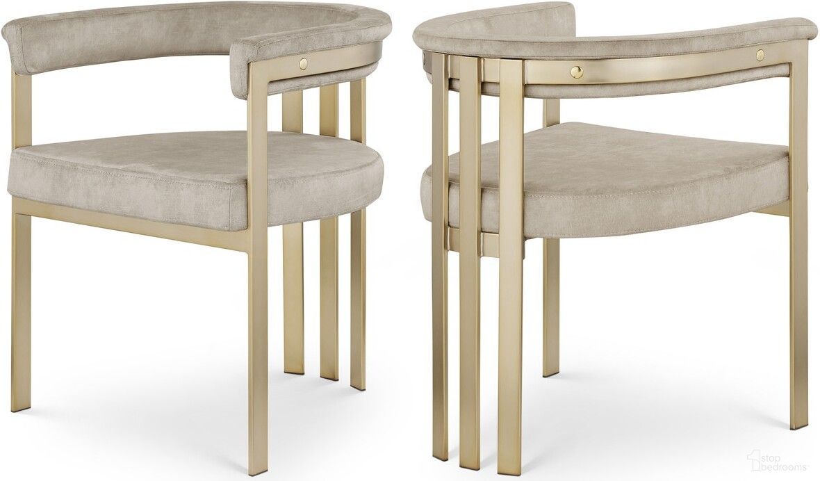 The appearance of Marcello Colored Velvet Dining Chair Set of 2 In Stone designed by Meridian in the modern / contemporary interior design. This stone piece of furniture  was selected by 1StopBedrooms from Marcello Collection to add a touch of cosiness and style into your home. Sku: 595Stone-C. Material: Velvet. Chair Type: Arm Chair.