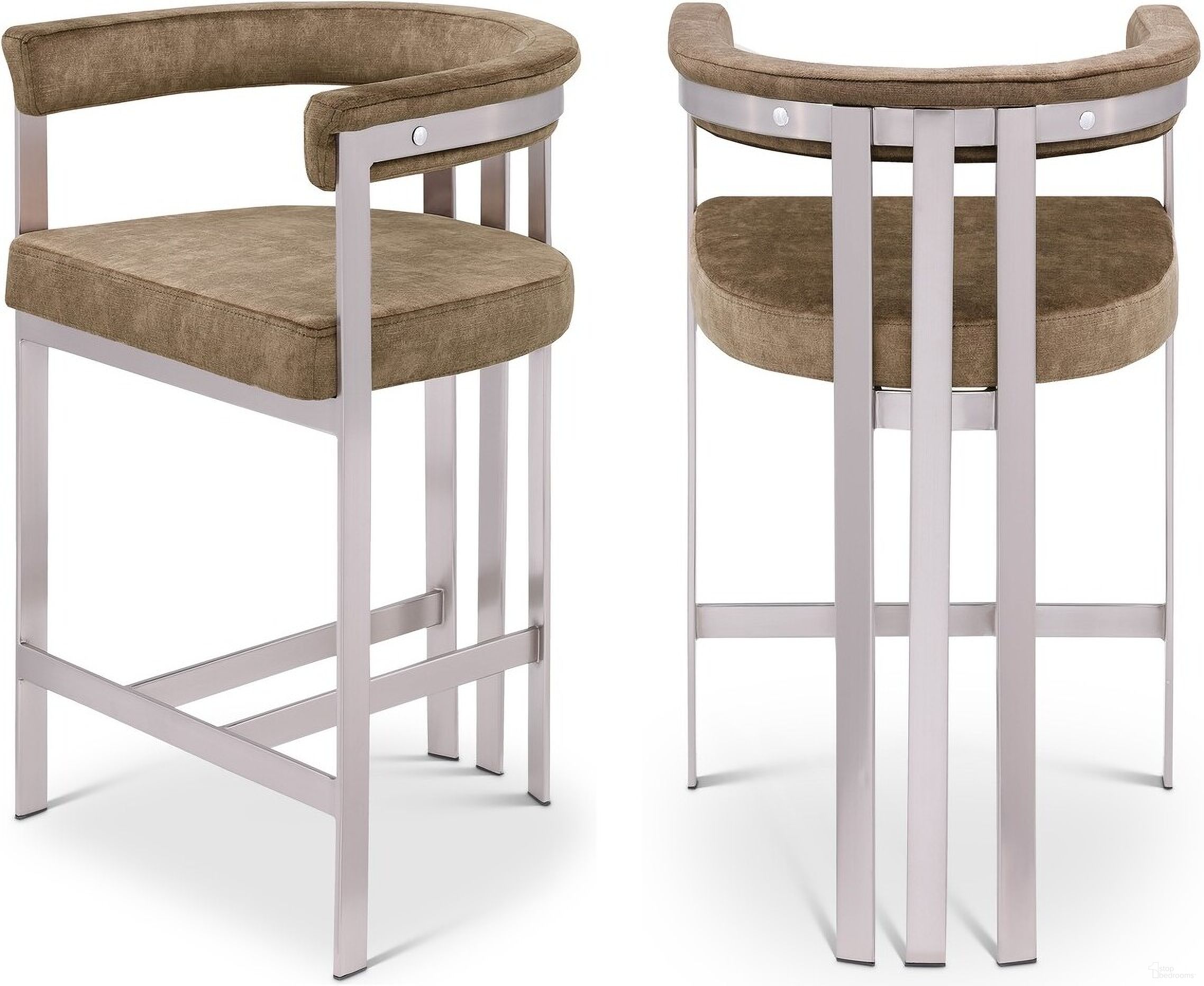 The appearance of Marcello Counter Stool Set of 2 In Brown Velvet designed by Meridian in the modern / contemporary interior design. This brown velvet piece of furniture was selected by 1StopBedrooms from Marcello Collection to add a touch of cosiness and style into your home. Sku: 939Brown-C. Material: Velvet.