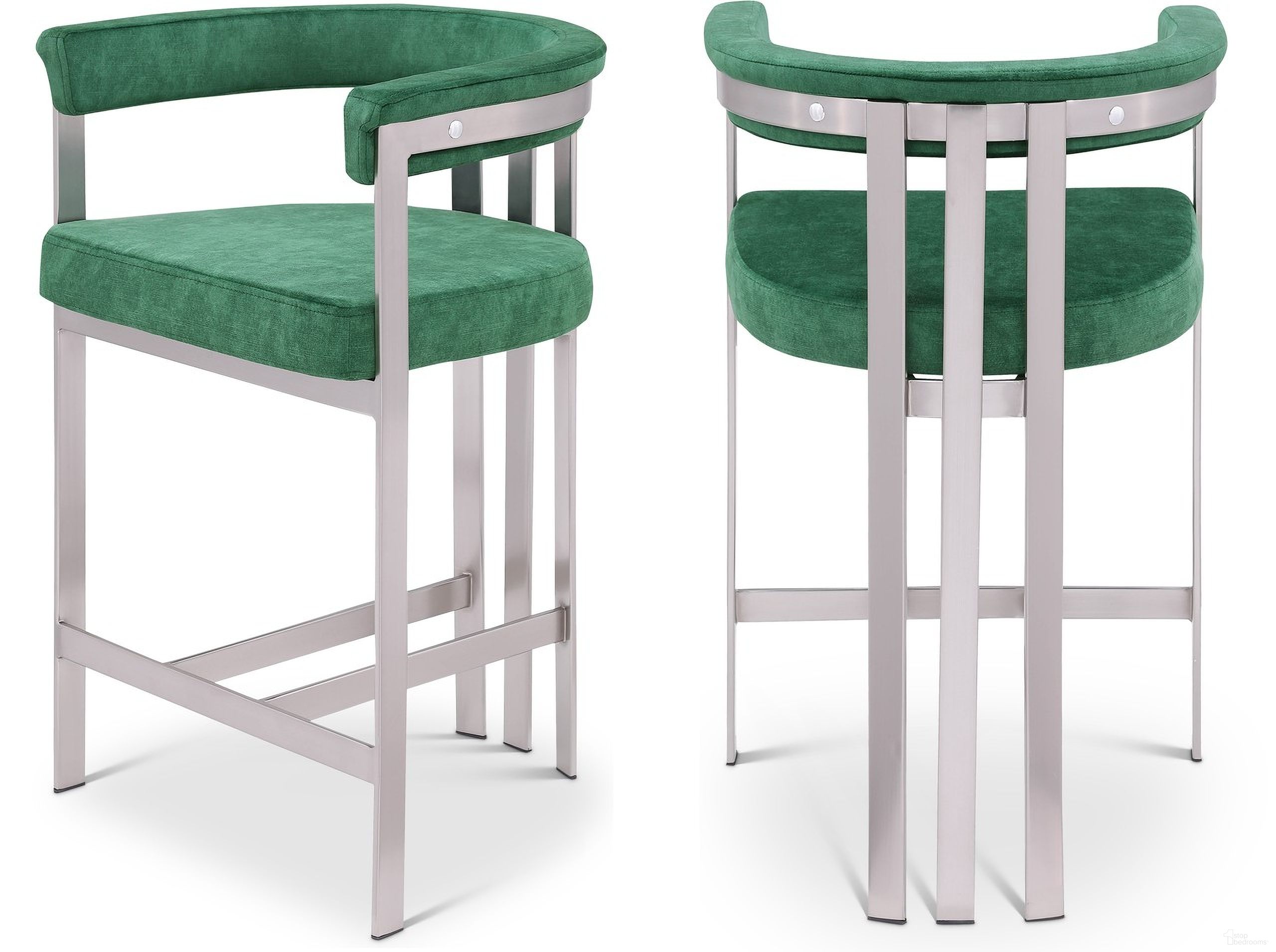 The appearance of Marcello Counter Stool Set of 2 In Green Velvet designed by Meridian in the modern / contemporary interior design. This green velvet piece of furniture  was selected by 1StopBedrooms from Marcello Collection to add a touch of cosiness and style into your home. Sku: 939Green-C. Material: Velvet.