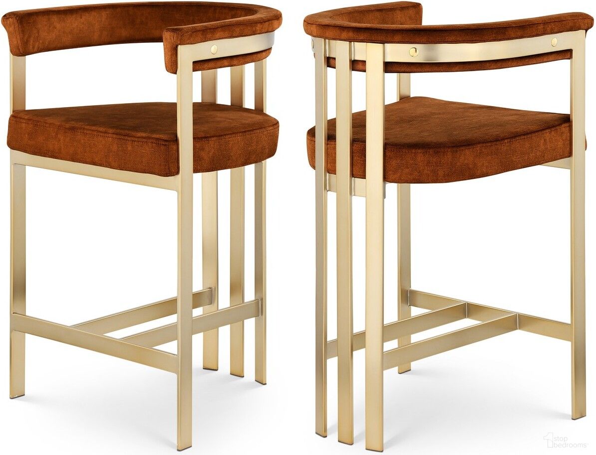The appearance of Marcello Velvet Counter Stool Set of 2 In Cognac designed by Meridian in the modern / contemporary interior design. This cognac piece of furniture was selected by 1StopBedrooms from Marcello Collection to add a touch of cosiness and style into your home. Sku: 596Cognac-C. Material: Velvet.