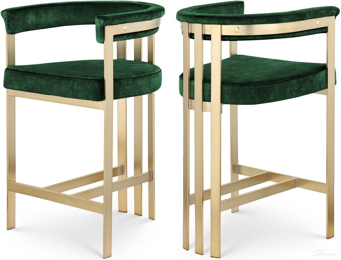 The appearance of Marcello Velvet Counter Stool Set of 2 In Green designed by Meridian in the modern / contemporary interior design. This green piece of furniture was selected by 1StopBedrooms from Marcello Collection to add a touch of cosiness and style into your home. Sku: 596Green-C. Material: Velvet.