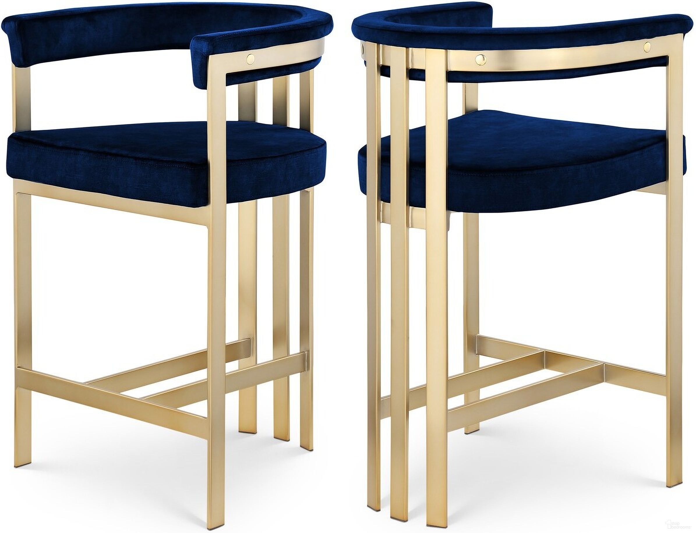 The appearance of Marcello Velvet Counter Stool Set of 2 In Navy designed by Meridian in the modern / contemporary interior design. This navy piece of furniture was selected by 1StopBedrooms from Marcello Collection to add a touch of cosiness and style into your home. Sku: 596Navy-C. Material: Velvet.