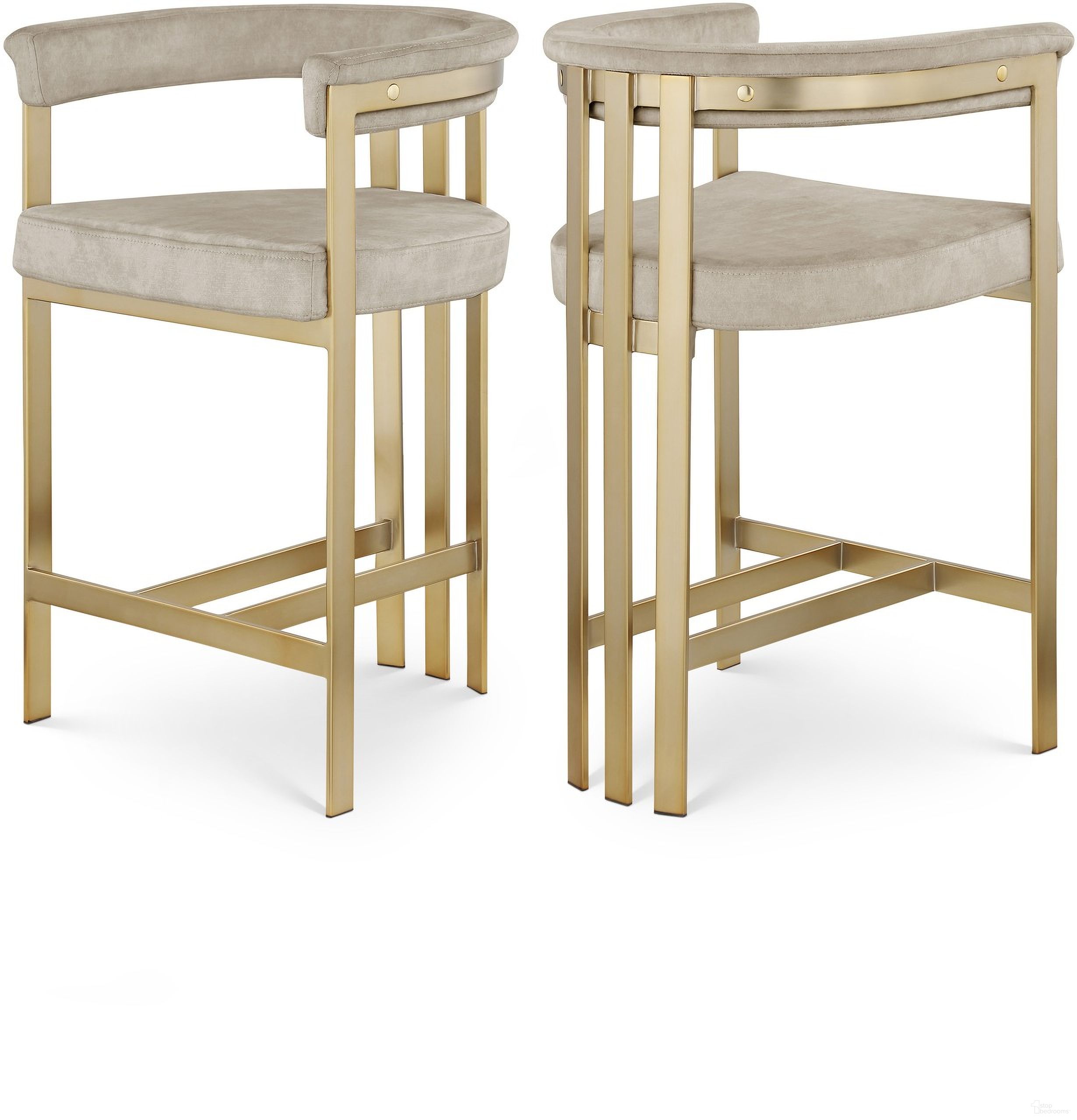 The appearance of Marcello Velvet Counter Stool Set of 2 In Stone and Brushed Brass designed by Meridian in the modern / contemporary interior design. This stone piece of furniture was selected by 1StopBedrooms from Marcello Collection to add a touch of cosiness and style into your home. Sku: 596Stone-C. Material: Velvet.