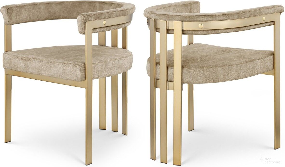 The appearance of Marcello Velvet Dining Chair Set of 2 In Beige designed by Meridian in the modern / contemporary interior design. This beige piece of furniture was selected by 1StopBedrooms from Marcello Collection to add a touch of cosiness and style into your home. Sku: 595Beige-C. Material: Velvet. Chair Type: Arm Chair.
