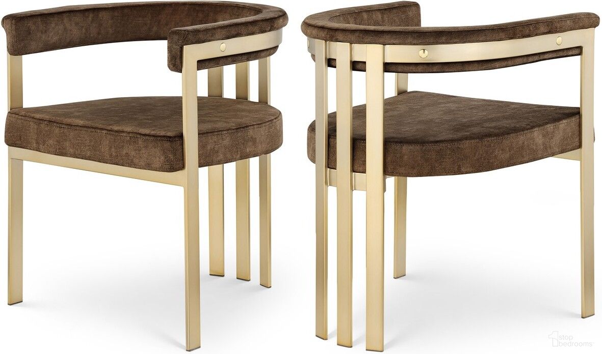 The appearance of Marcello Velvet Dining Chair Set of 2 In Brown designed by Meridian in the modern / contemporary interior design. This brown piece of furniture was selected by 1StopBedrooms from Marcello Collection to add a touch of cosiness and style into your home. Sku: 595Brown-C. Material: Velvet. Chair Type: Arm Chair.