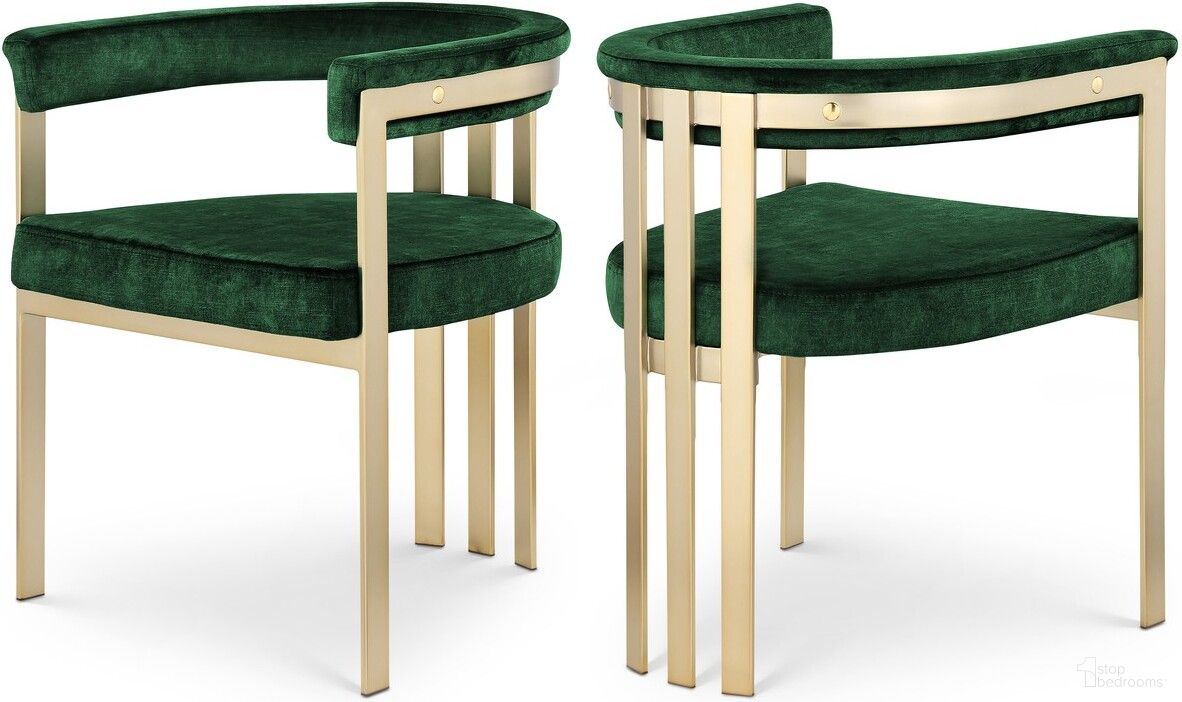 The appearance of Marcello Velvet Dining Chair Set of 2 In Green designed by Meridian in the modern / contemporary interior design. This green piece of furniture was selected by 1StopBedrooms from Marcello Collection to add a touch of cosiness and style into your home. Sku: 595Green-C. Material: Velvet. Chair Type: Arm Chair.
