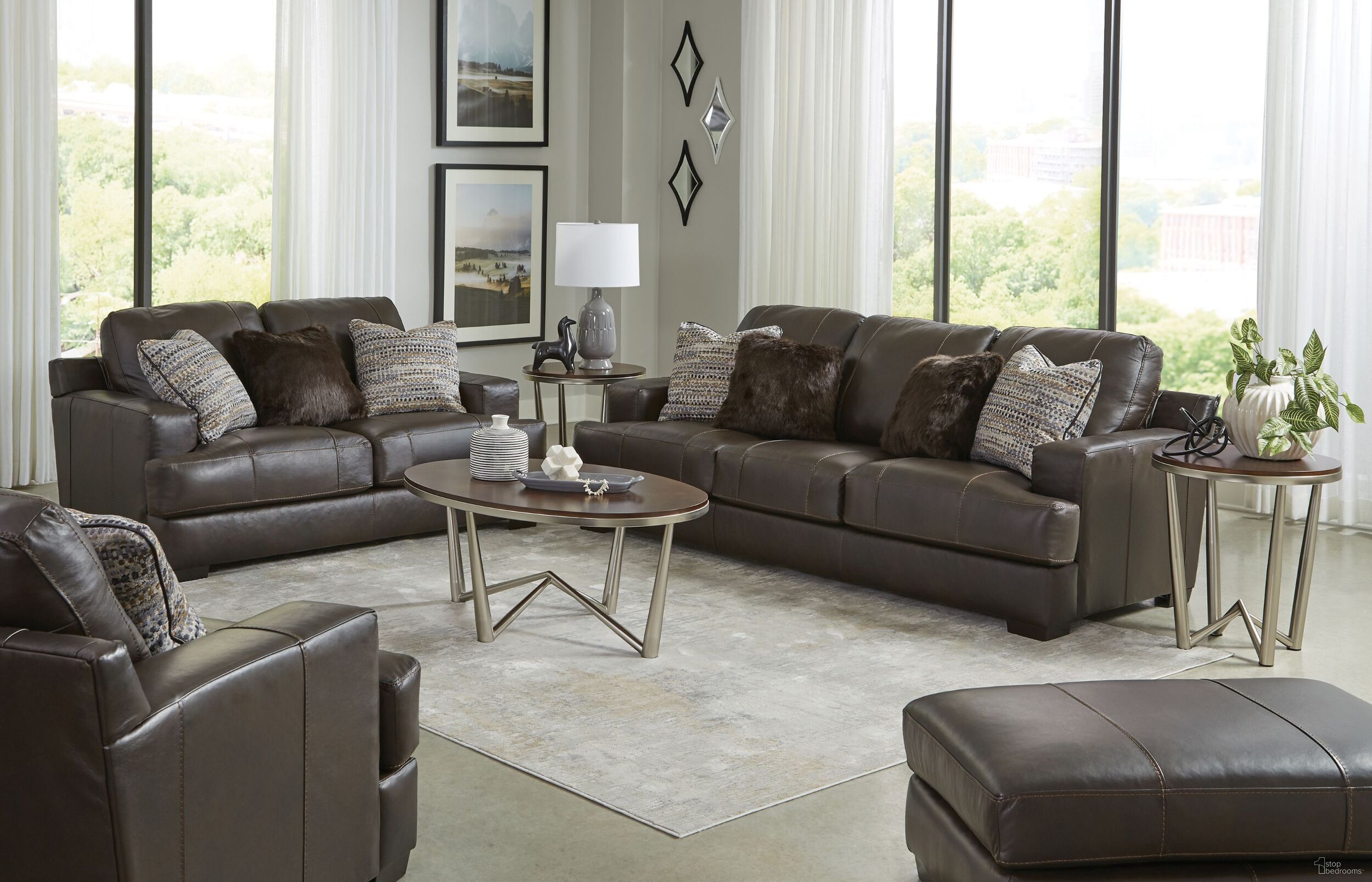 The appearance of Marco Chocolate Living Room Set designed by Jackson in the transitional interior design. This brown piece of furniture was selected by 1StopBedrooms from Marco Collection to add a touch of cosiness and style into your home. Sku: 450703127389307389;450702127389307389. Material: Leather.