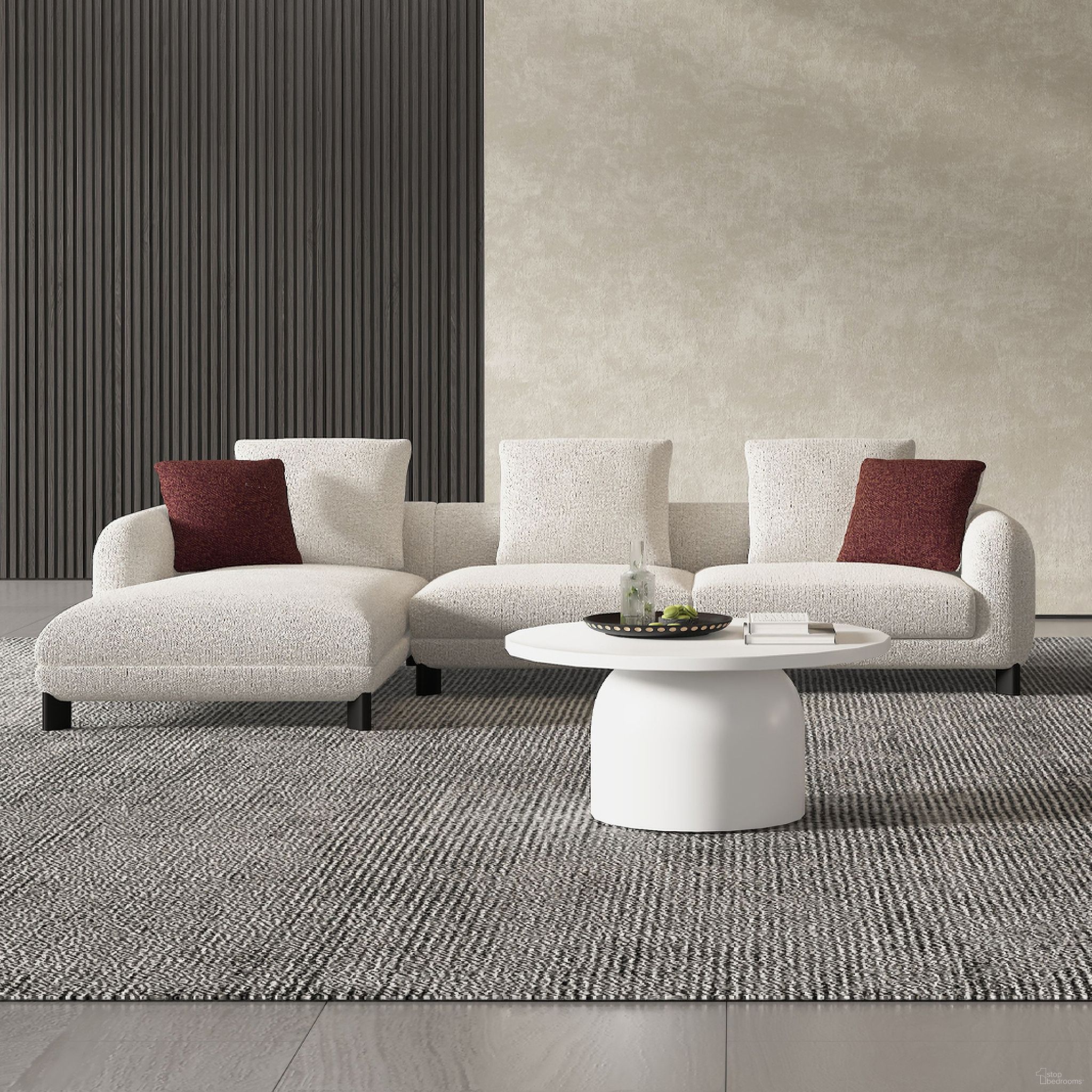 The appearance of Mardi Sectional Sofa with 6 Pillows In Light Gray designed by ACME in the modern / contemporary interior design. This light gray piece of furniture was selected by 1StopBedrooms from Mardi Collection to add a touch of cosiness and style into your home. Sku: LV04280-1;LV04280-2. Material: Boucle.