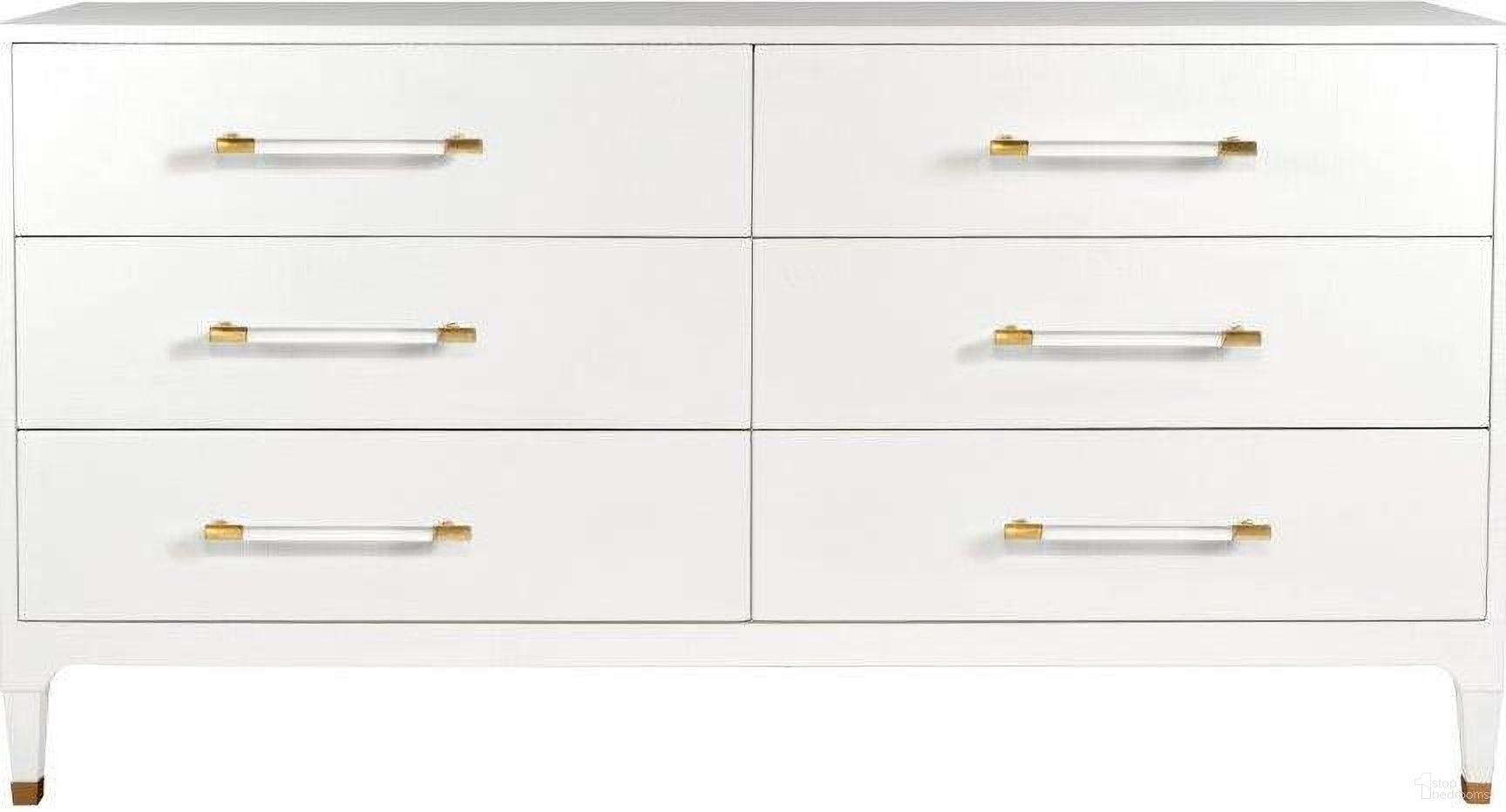 Maren Lacquered White Linen With Antique Brass And Acrylic 6 Drawer Dresser Chest