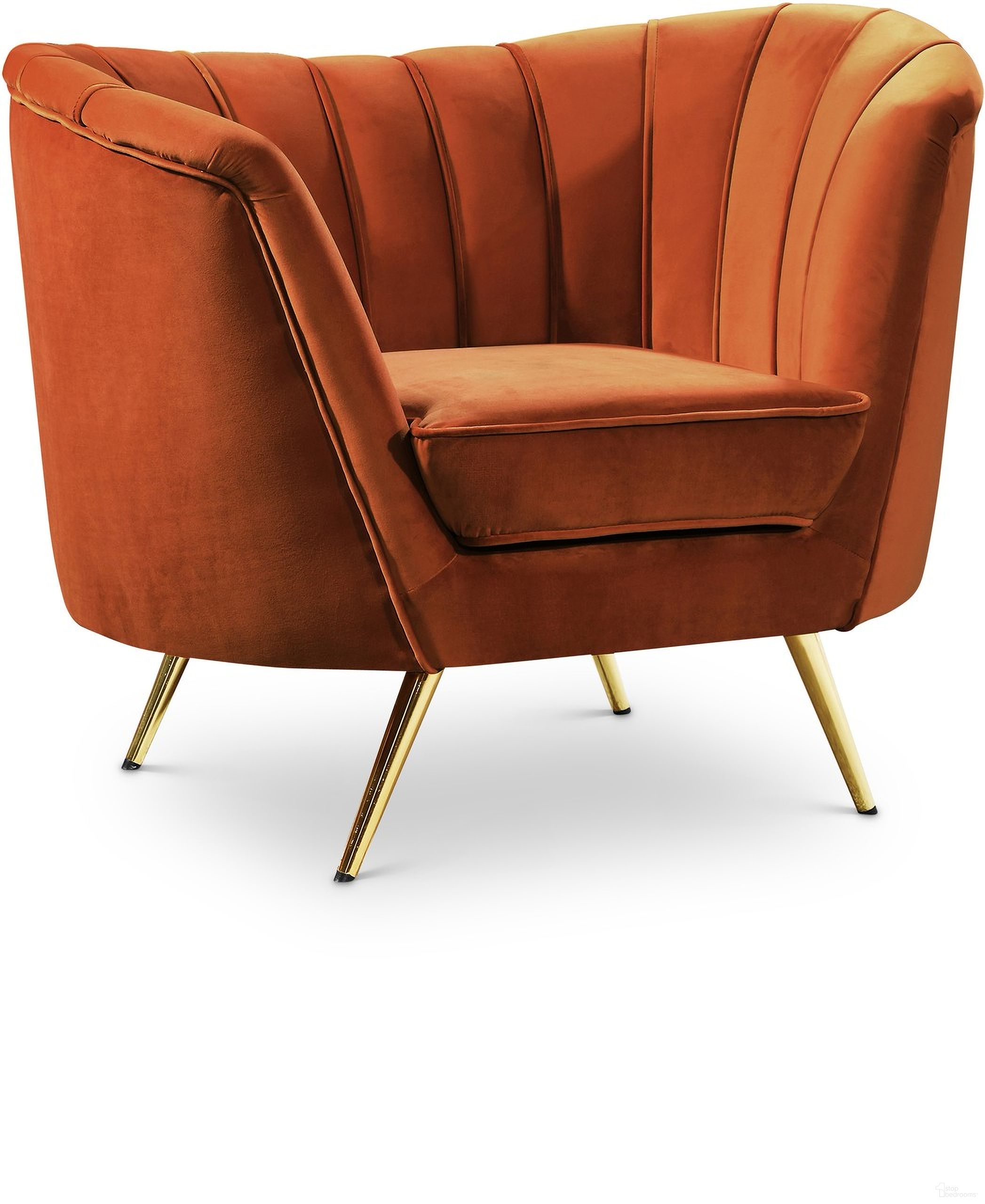 The appearance of Margo Velvet Chair In Cognac designed by Meridian in the modern / contemporary interior design. This cognac piece of furniture was selected by 1StopBedrooms from Margo Collection to add a touch of cosiness and style into your home. Sku: 622Cognac-C. Material: Velvet.