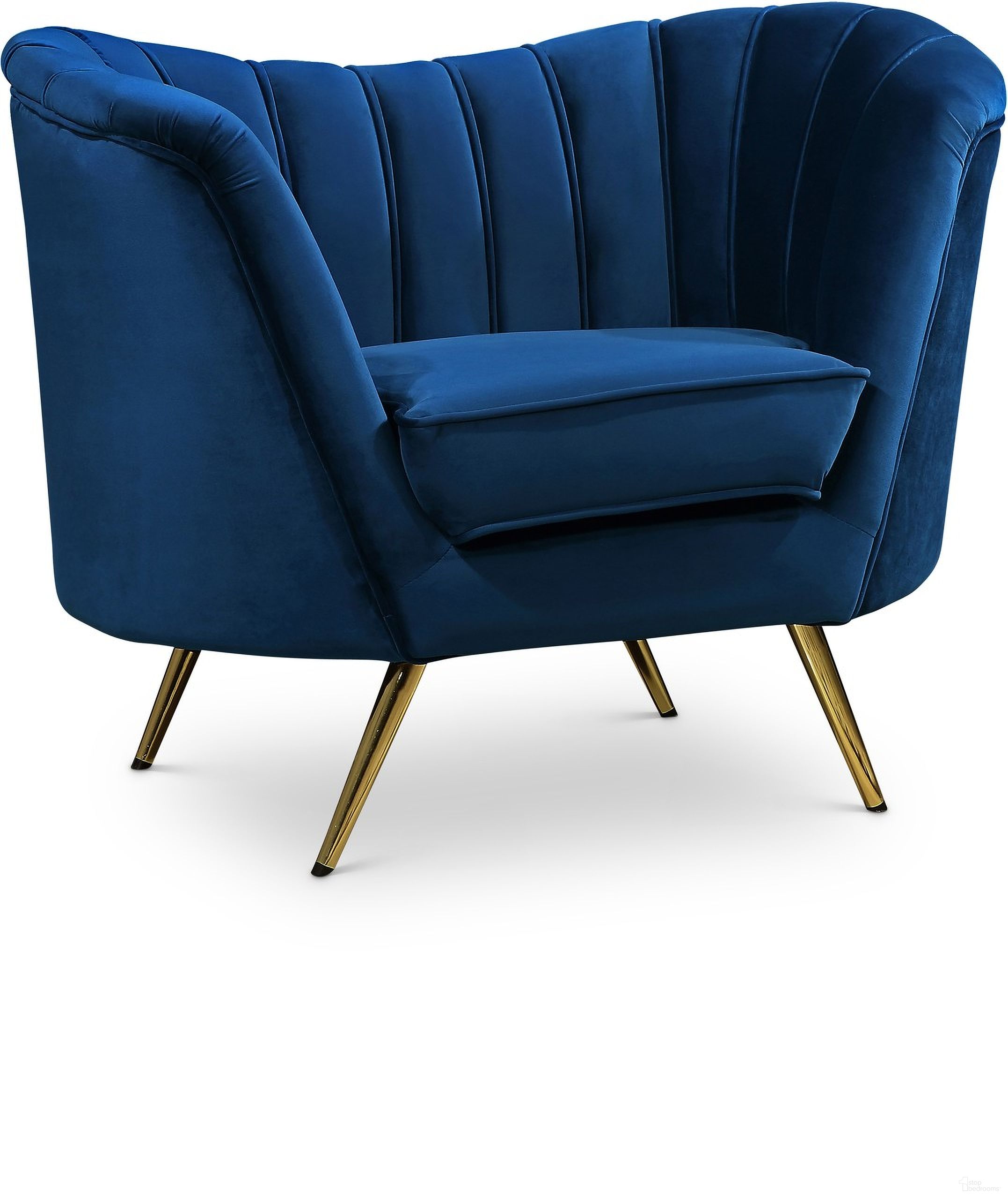 The appearance of Margo Velvet Chair In Navy designed by Meridian in the modern / contemporary interior design. This navy piece of furniture  was selected by 1StopBedrooms from Margo Collection to add a touch of cosiness and style into your home. Sku: 622Navy-C. Material: Velvet.