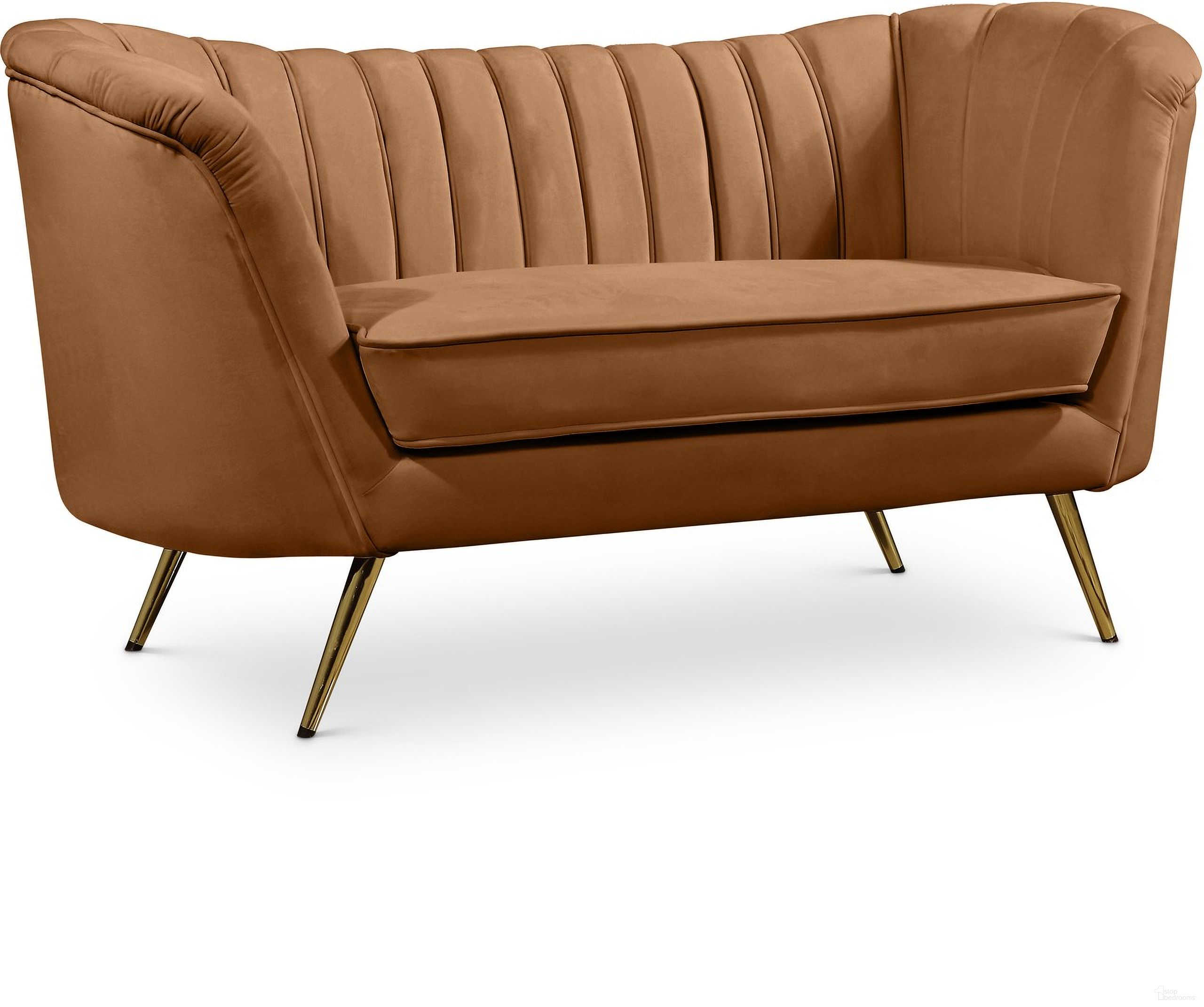 The appearance of Margo Velvet Loveseat In Saddle designed by Meridian in the modern / contemporary interior design. This saddle piece of furniture was selected by 1StopBedrooms from Margo Collection to add a touch of cosiness and style into your home. Sku: 622Saddle-L. Material: Velvet.