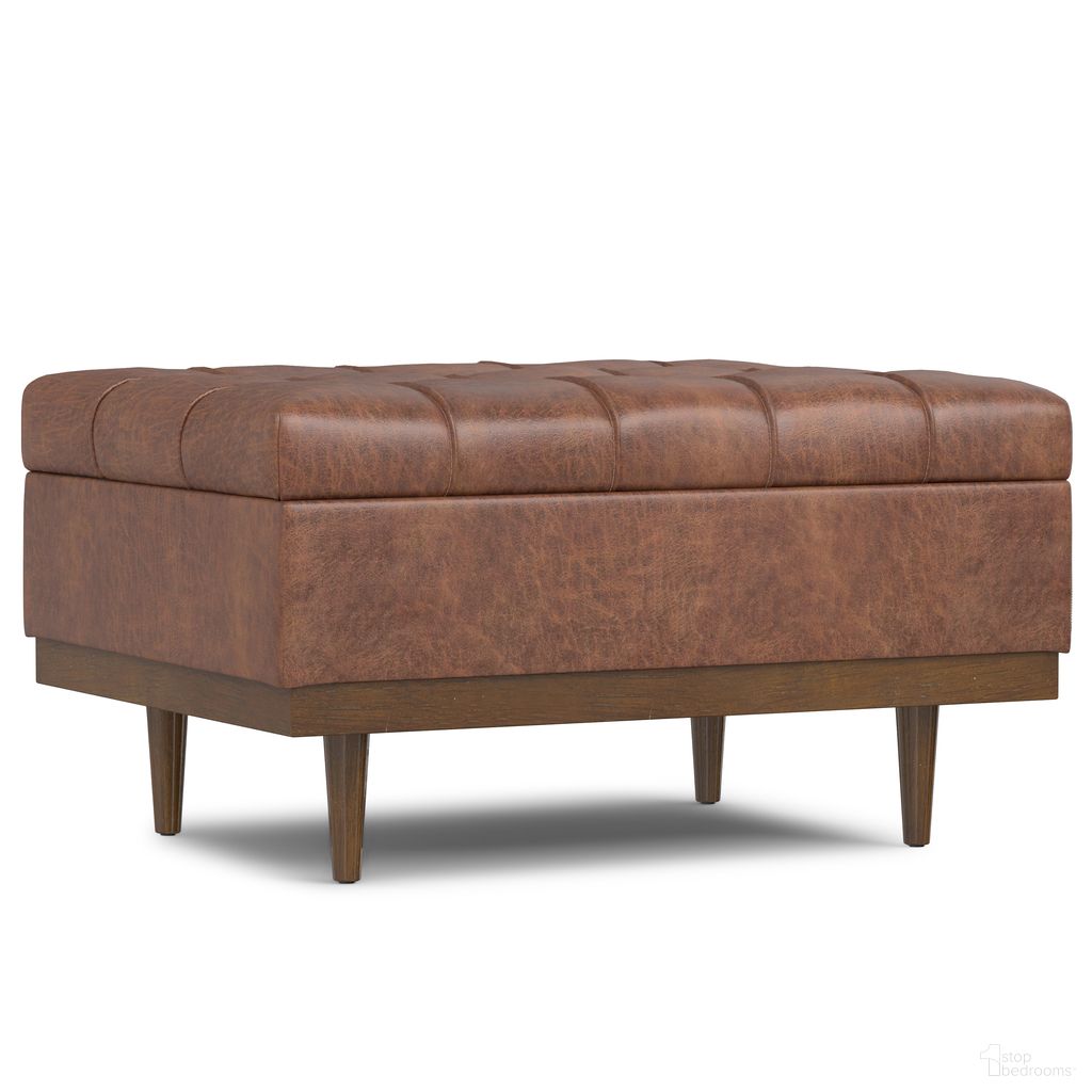 The appearance of Mariah Vegan Faux Leather Coffee Table Storage Ottoman In Distressed Saddle Brown designed by Simpli Home in the modern / contemporary interior design. This distressed saddle brown piece of furniture was selected by 1StopBedrooms from Mariah Collection to add a touch of cosiness and style into your home. Sku: AXCOT-MARCT-DSB. Material: Rubberwood.