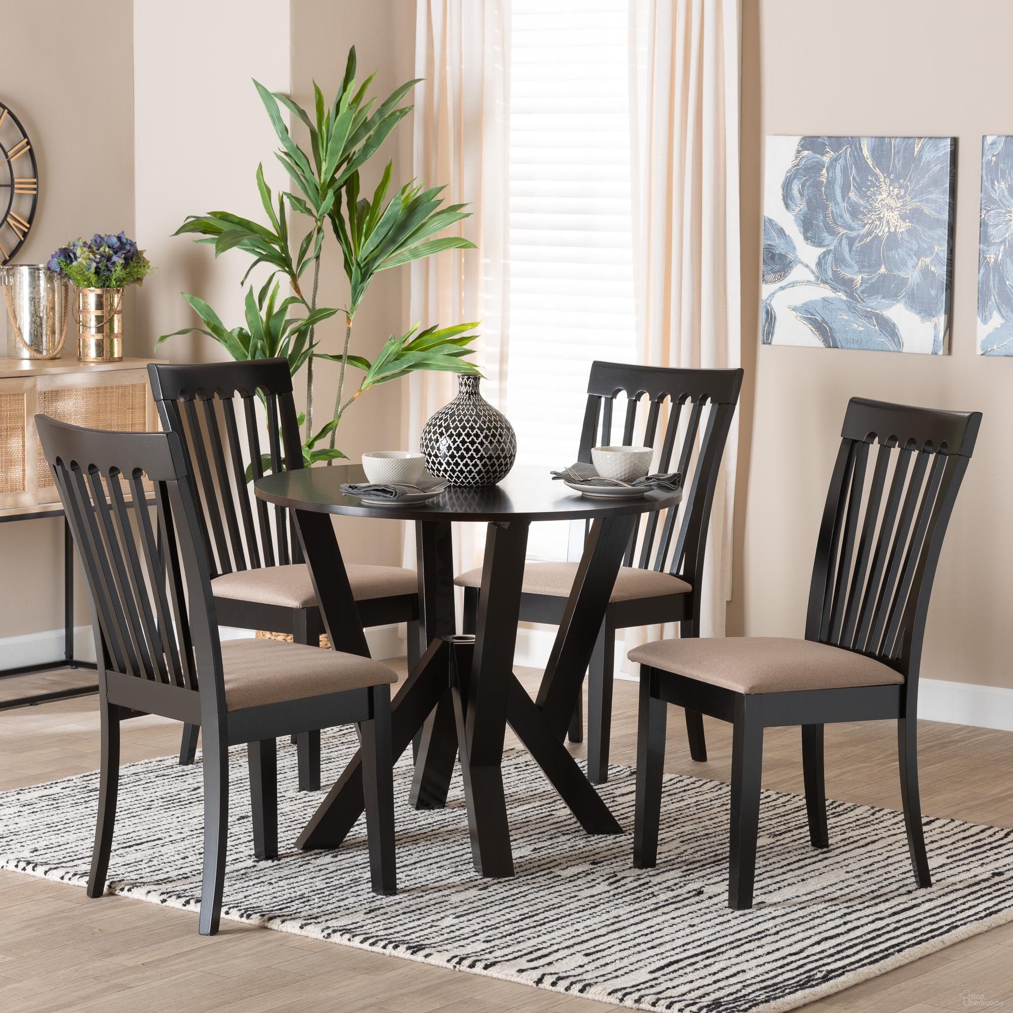 Marian Fabric and Wood 5-Piece Dining Set In Sand and Dark Brown