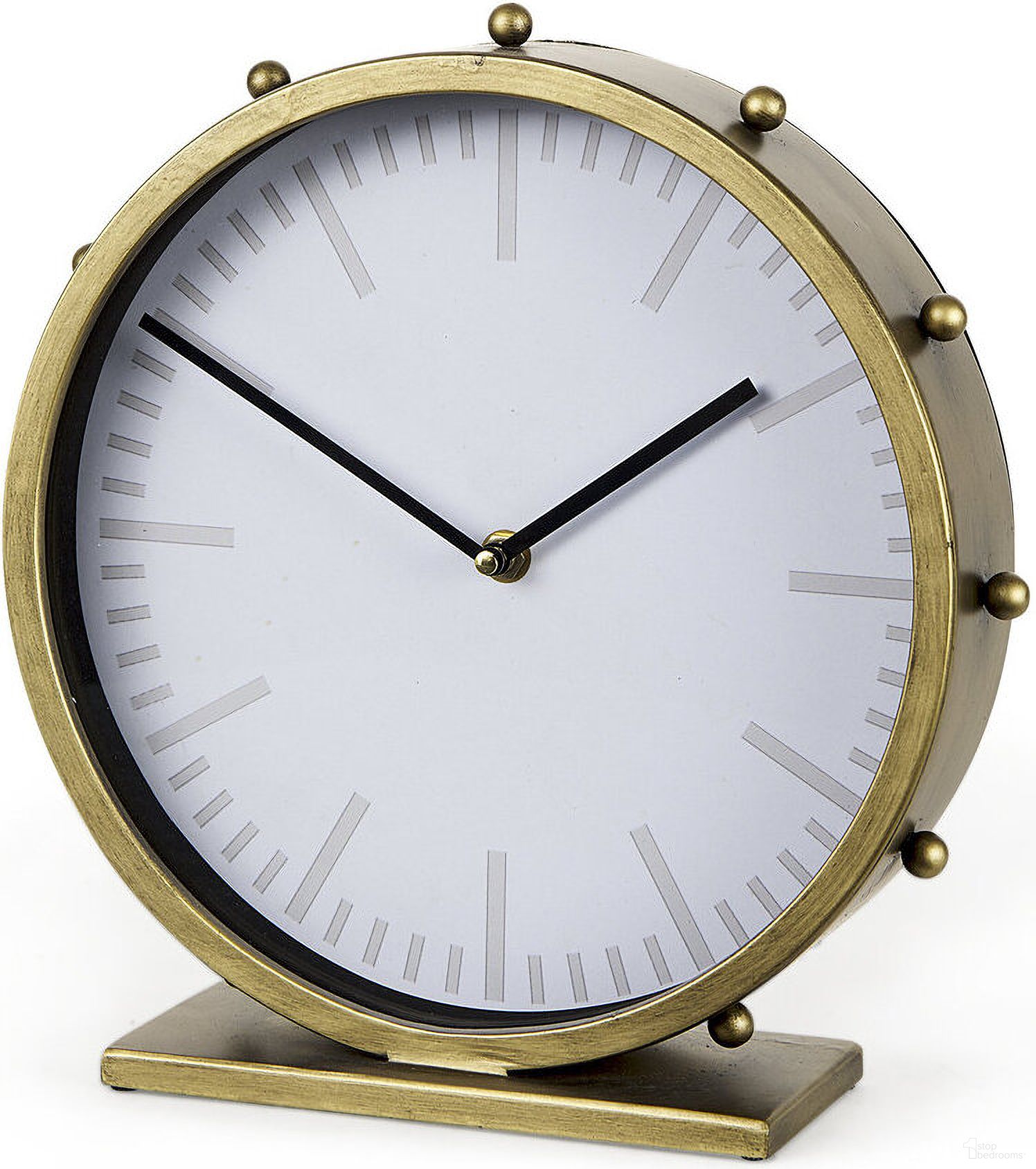 The appearance of Marian Metal with Studs Round Table Clock In Gold designed by Mercana in the modern / contemporary interior design. This gold piece of furniture  was selected by 1StopBedrooms from Marian Collection to add a touch of cosiness and style into your home. Sku: 69482. Material: Metal.