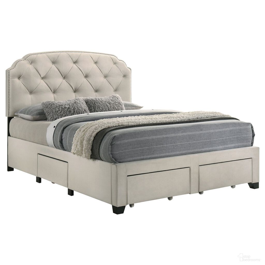 The appearance of Marianna 4-Drawer Upholstered Queen Storage Bed In Cream designed by Coaster in the traditional interior design. This cream piece of furniture was selected by 1StopBedrooms from Marianna Collection to add a touch of cosiness and style into your home. Sku: 316011QB1;316011QB2. Bed Type: Storage Bed. Material: Fabric. Bed Size: Queen.