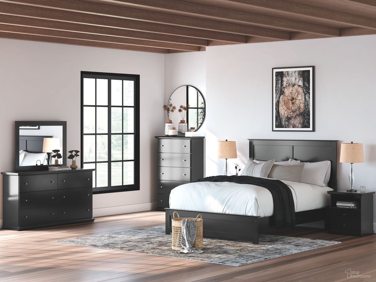 The appearance of Maribel Panel Bedroom Set In Black designed by Signature Design by Ashley in the traditional interior design. This black piece of furniture was selected by 1StopBedrooms from Maribel Collection to add a touch of cosiness and style into your home. Sku: B138-196;B138-71;B138-91. Material: Wood. Bed Size: Queen.