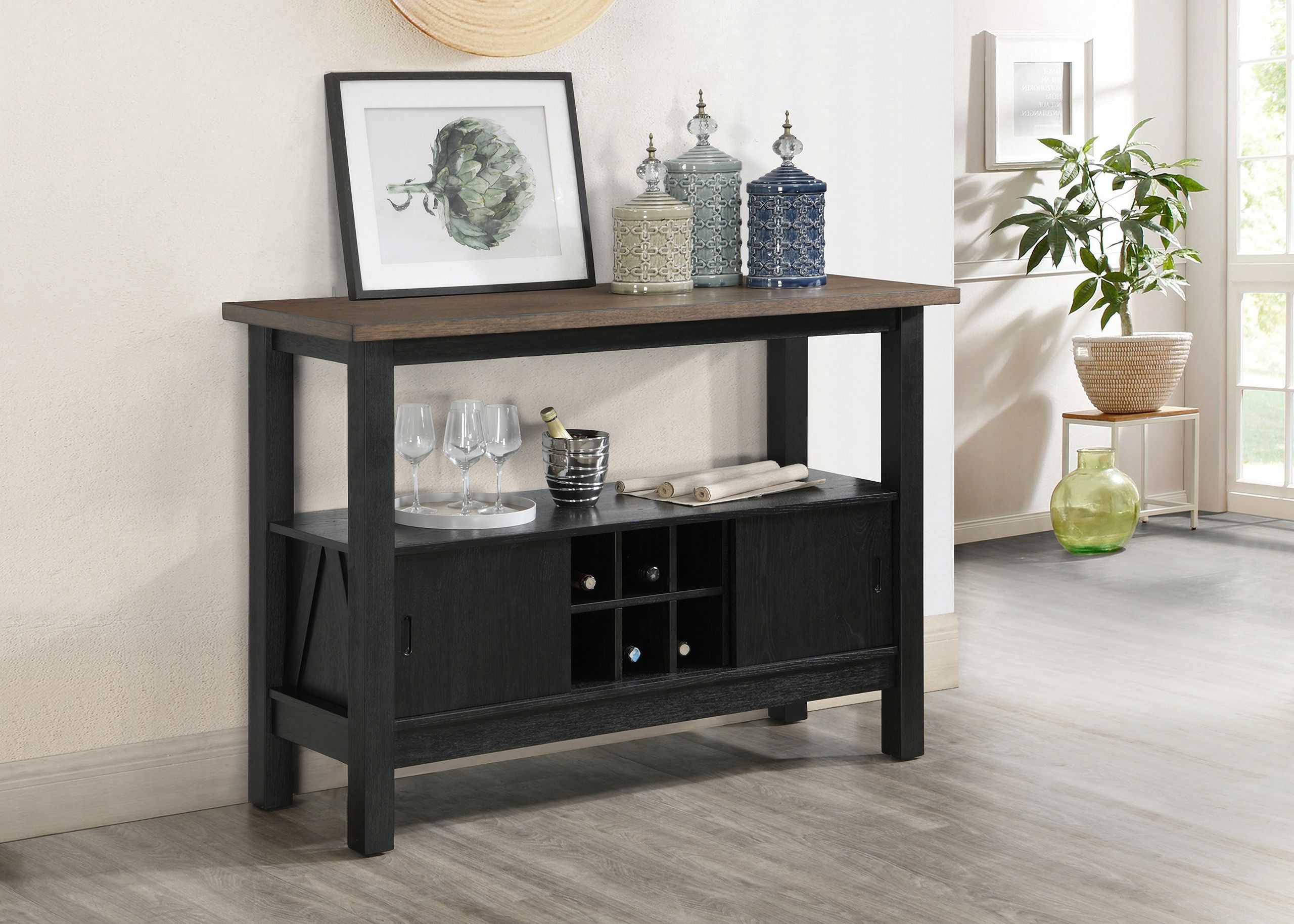 The appearance of Maribelle Server In Wheat Charcoal designed by Crown Mark in the transitional interior design. This wheat charcoal piece of furniture  was selected by 1StopBedrooms from Maribelle Collection to add a touch of cosiness and style into your home. Sku: 2158WC-SERVER. Material: MDF.