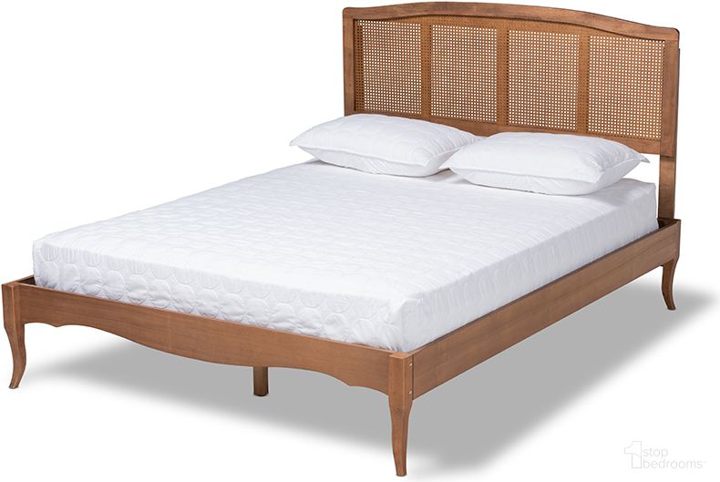 Marieke Vintage French Inspired Ash Wanut Finished Wood And Synthetic Rattan King Size Platform Bed