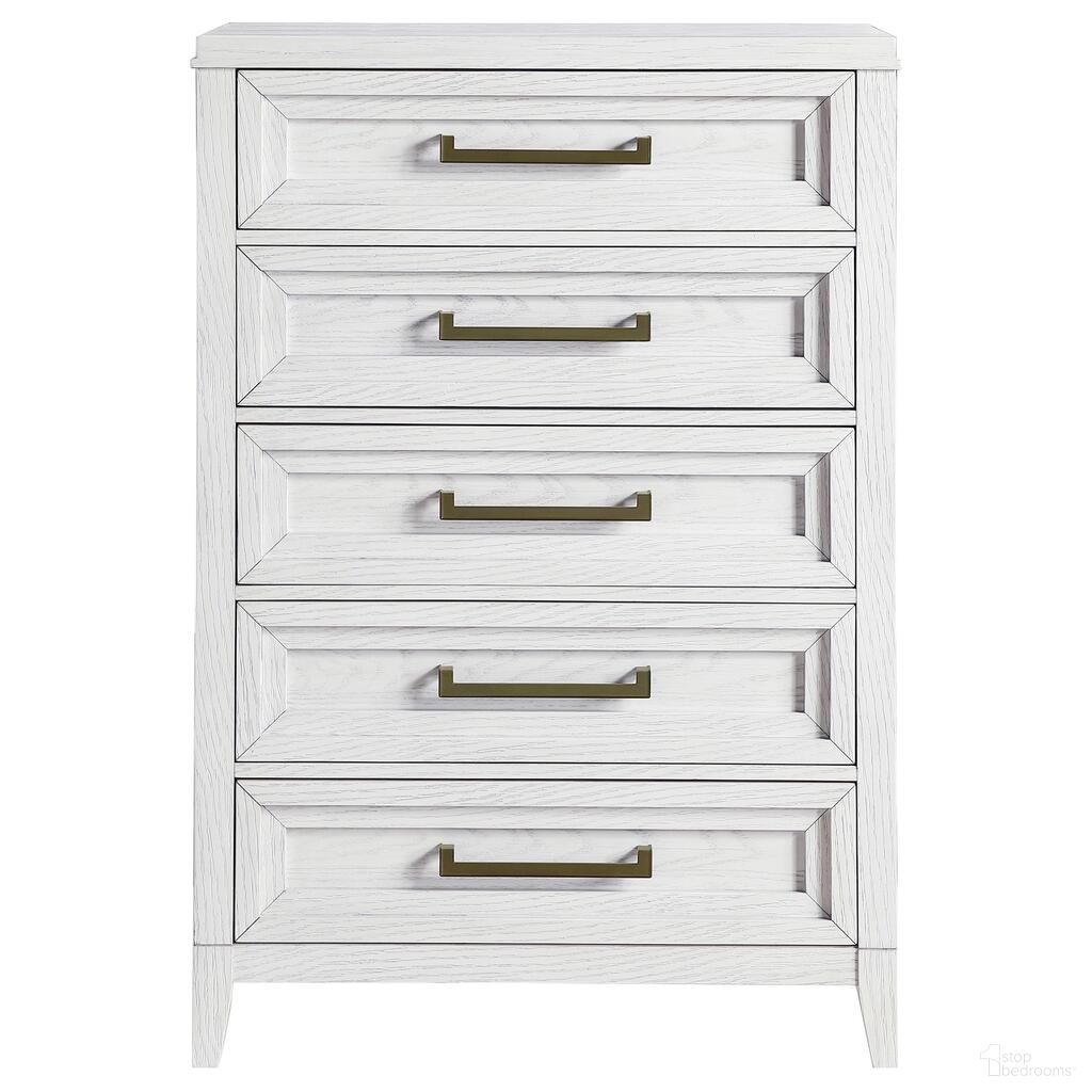 The appearance of Marielle 5-Drawer Bedroom Chest In Distressed White designed by Coaster in the coastal interior design. This distressed white piece of furniture was selected by 1StopBedrooms from Marielle Collection to add a touch of cosiness and style into your home. Sku: 224845. Material: Wood.