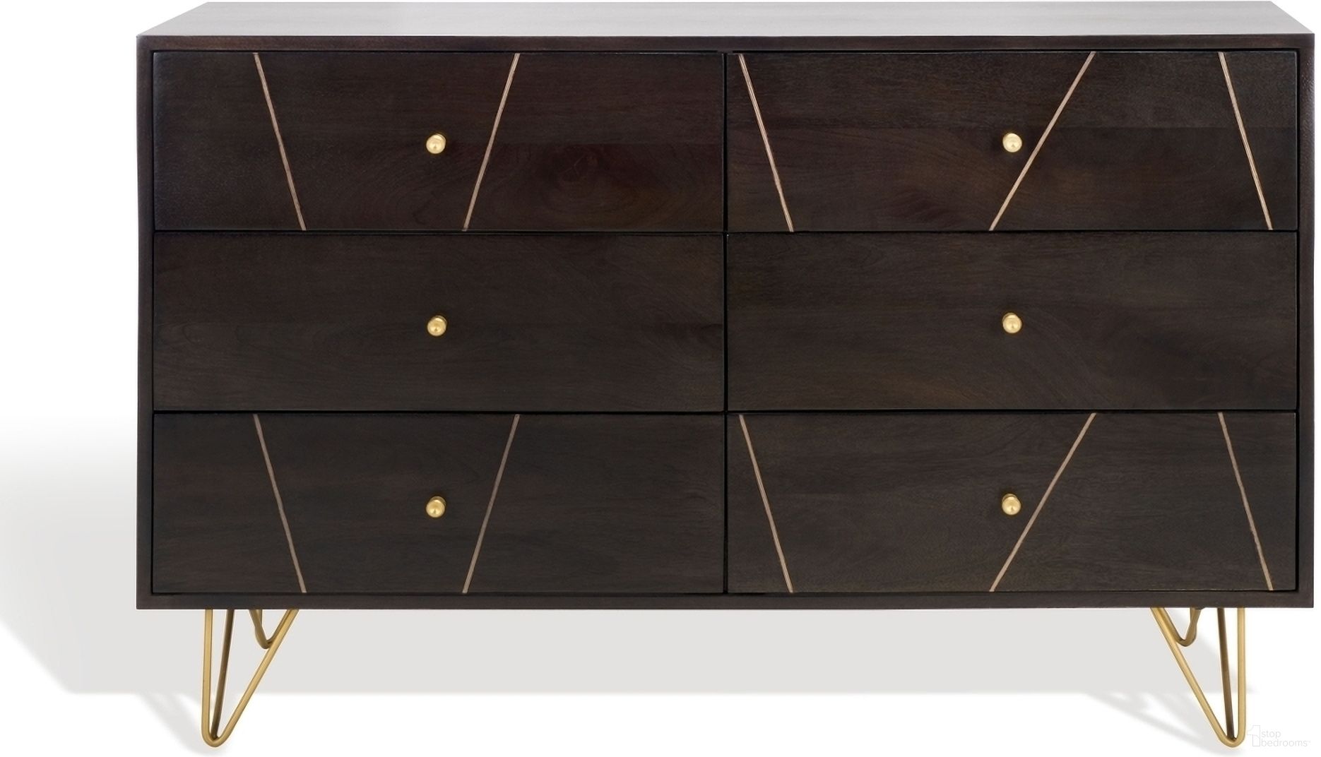 The appearance of Marigold 6 Drawer Dresser In Black and Gold designed by Safavieh Couture in the modern / contemporary interior design. This black/gold piece of furniture  was selected by 1StopBedrooms from Marigold Collection to add a touch of cosiness and style into your home. Sku: SFV5710B. Material: Wood.