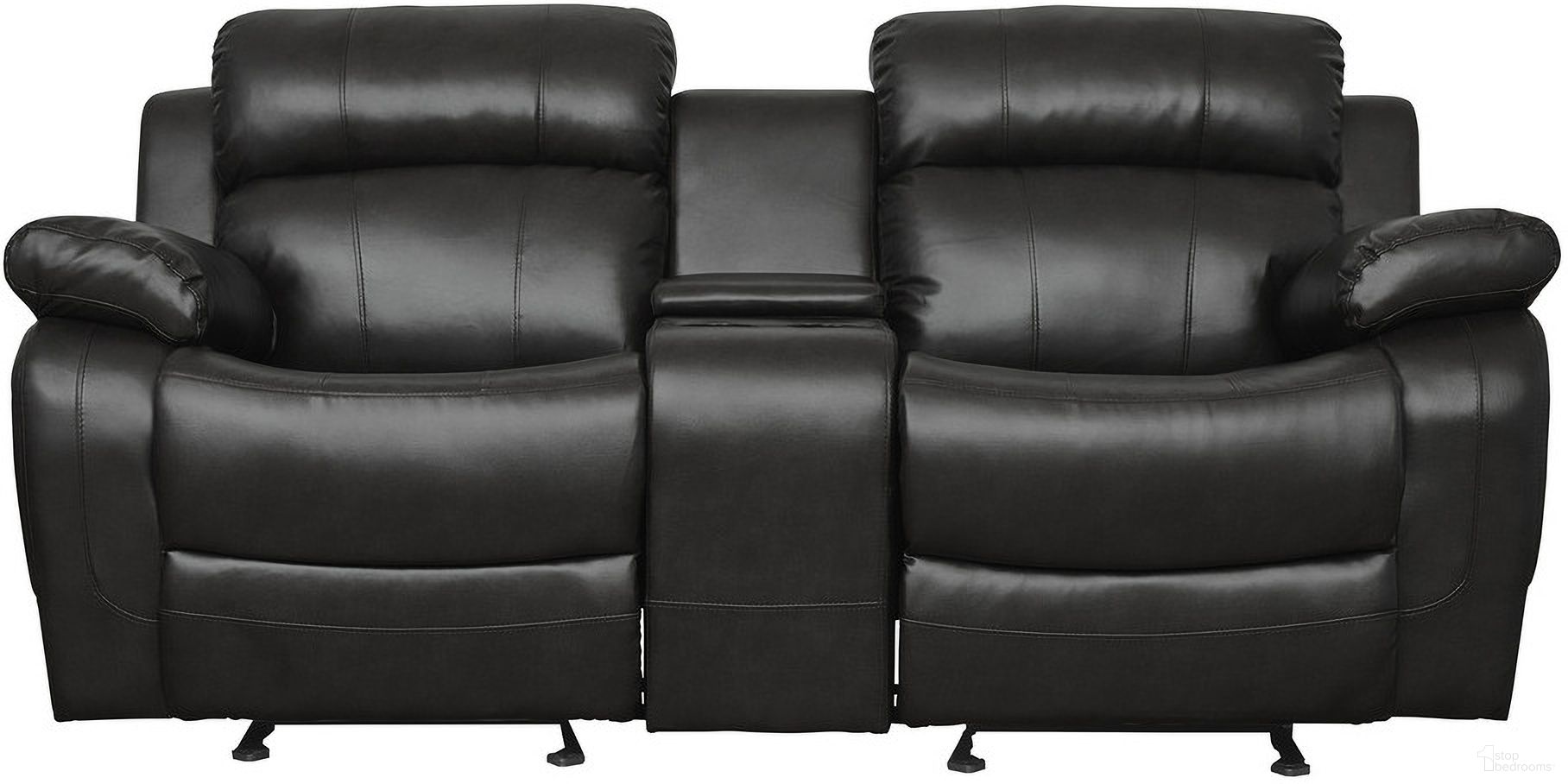 The appearance of Marille Black Double Glider Reclining Loveseat with Center Console designed by Homelegance in the modern / contemporary interior design. This black piece of furniture was selected by 1StopBedrooms from Marille Collection to add a touch of cosiness and style into your home. Sku: 9724BLK-2. Material: Bonded Leather. Key Features: Storage.
