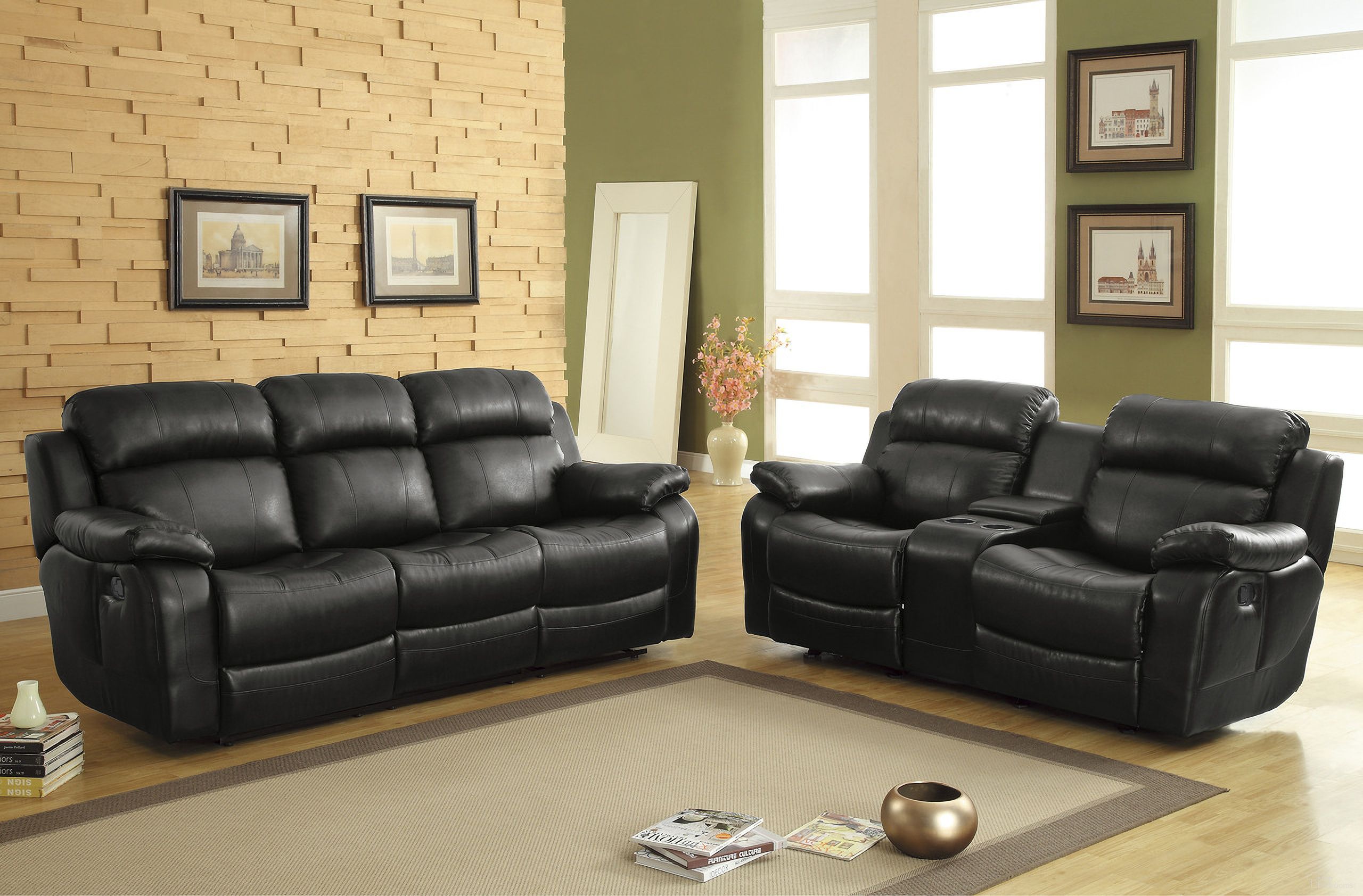 The appearance of Marille Black Reclining Living Room Set designed by Homelegance in the modern / contemporary interior design. This black piece of furniture  was selected by 1StopBedrooms from Marille Collection to add a touch of cosiness and style into your home. Sku: 9724BLK-3;9724BLK-2. Material: Faux Leather. Key Features: Storage.