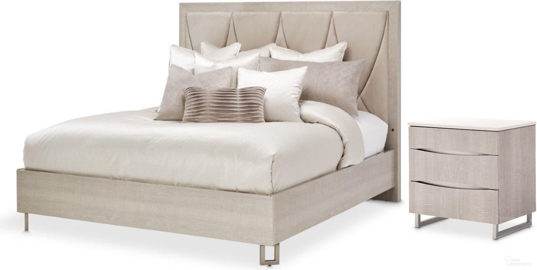 The appearance of Marin Panel Bedroom Set In Greige designed by Michael Amini in the modern / contemporary interior design. This greige piece of furniture was selected by 1StopBedrooms from Marin Collection to add a touch of cosiness and style into your home. Sku: NKI-MRIN012-139;NKI-MRIN132-139;9000238-00;NKI-MRIN040-139. Material: Wood. Bed Size: Queen.