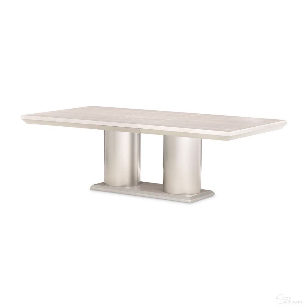 The appearance of Marin Rectangular Dining Table In Greige designed by Michael Amini in the modern / contemporary interior design. This greige piece of furniture  was selected by 1StopBedrooms from Marin Collection to add a touch of cosiness and style into your home. Sku: NKI-MRIN002T-139;NKI-MRIN002B-139. Table Base Style: Double Pedestal. Material: Wood. Table Top Shape: Rectangular. Size: 47" x 77".