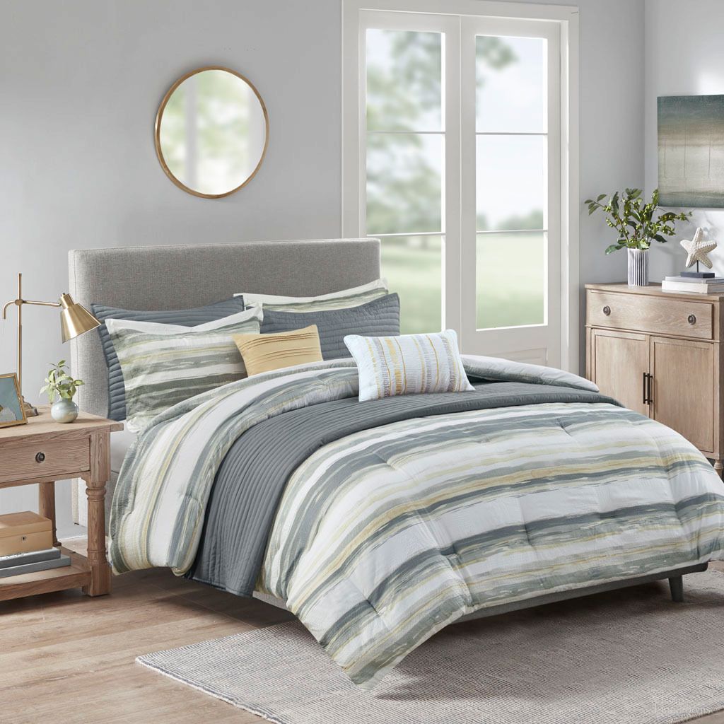 Marina 8 Piece Printed Seersucker King/Cal King Comforter and Quilt Set In Yellow