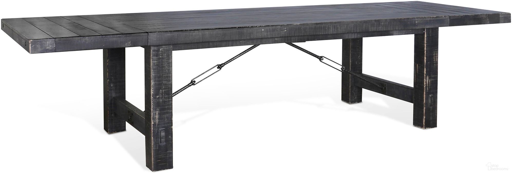 The appearance of Marina Black Sand Extension Dining Table In Black designed by Sunny Designs in the rustic / southwestern interior design. This black sand piece of furniture was selected by 1StopBedrooms from Marina Collection to add a touch of cosiness and style into your home. Sku: 1316BS. Table Base Style: Trestle. Table Top Shape: Rectangular. Size: 42" x 122". Material: Solid Wood.
