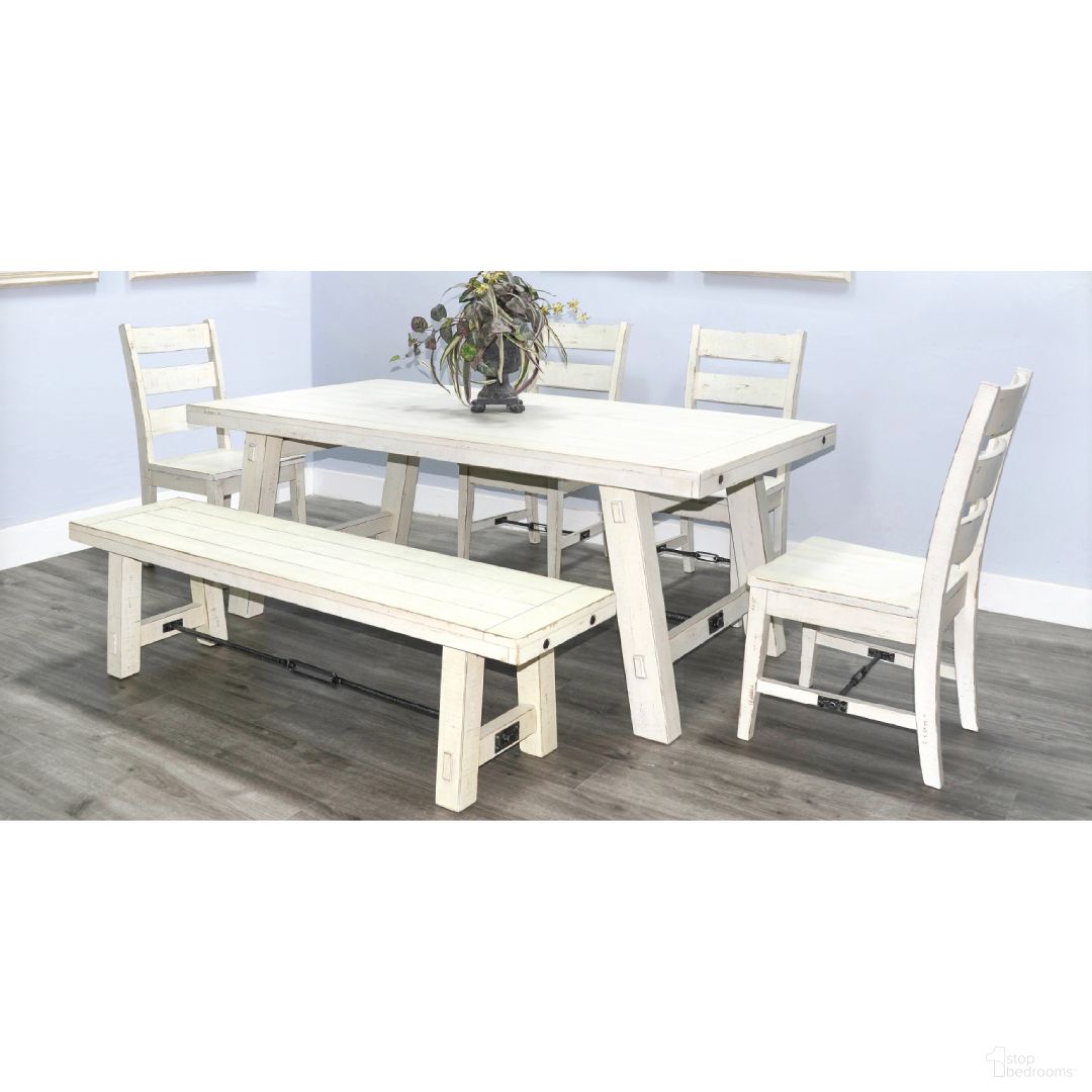 The appearance of Marina Dining Room Set In White Sand designed by Sunny Designs in the rustic / southwestern interior design. This white sand piece of furniture was selected by 1StopBedrooms from Marina Collection to add a touch of cosiness and style into your home. Sku: 1367WS;1508WS-T. Table Base Style: Trestle. Material: Wood. Table Top Shape: Rectangular. Size: 38" x 74".