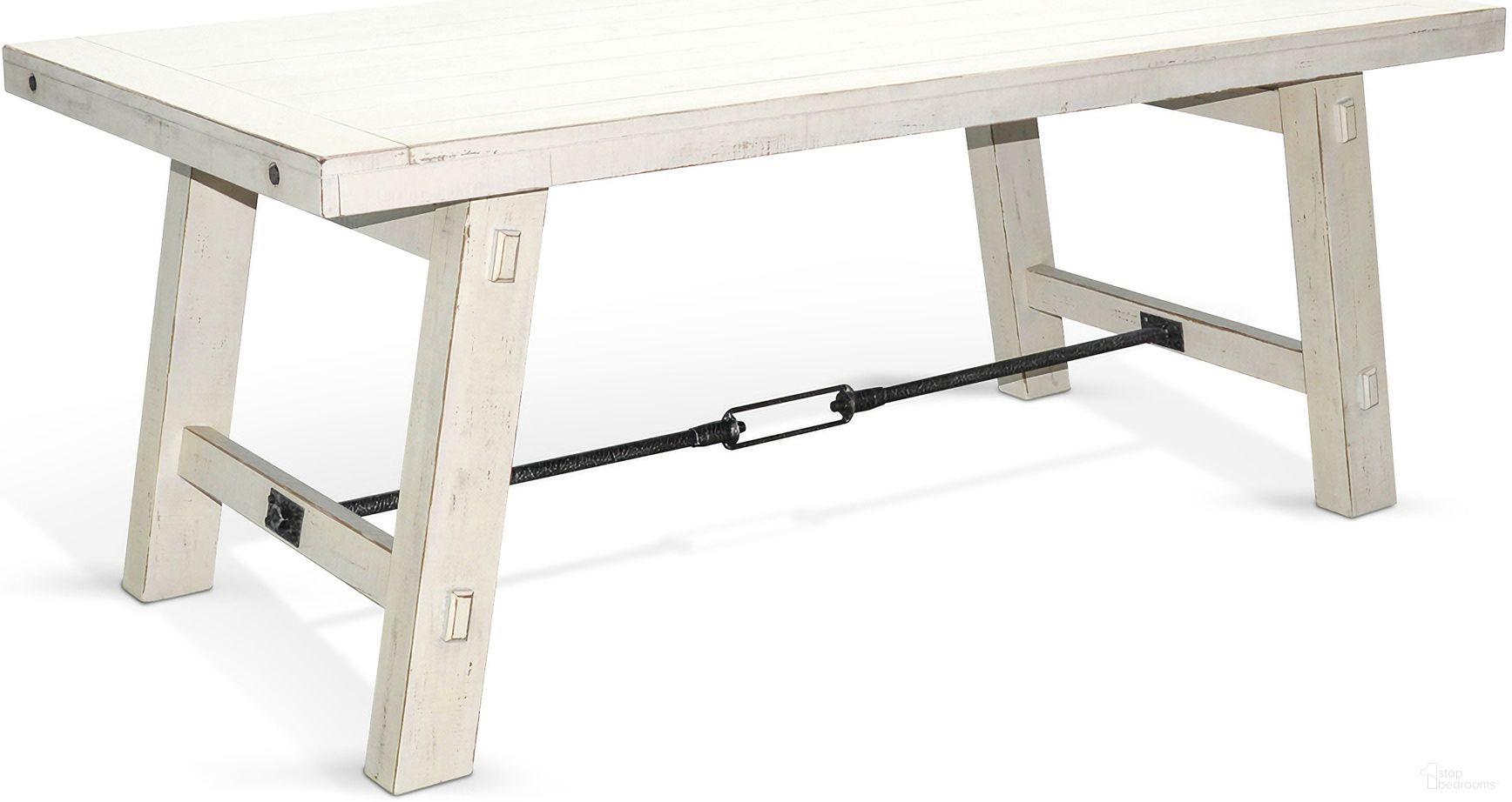 The appearance of Marina Dining Table with Turnbuckle In White Sand designed by Sunny Designs in the rustic / southwestern interior design. This white sand piece of furniture was selected by 1StopBedrooms from Marina Collection to add a touch of cosiness and style into your home. Sku: 1367WS. Table Base Style: Trestle. Table Top Shape: Rectangular. Size: 38" x 74". Material: Solid Wood.