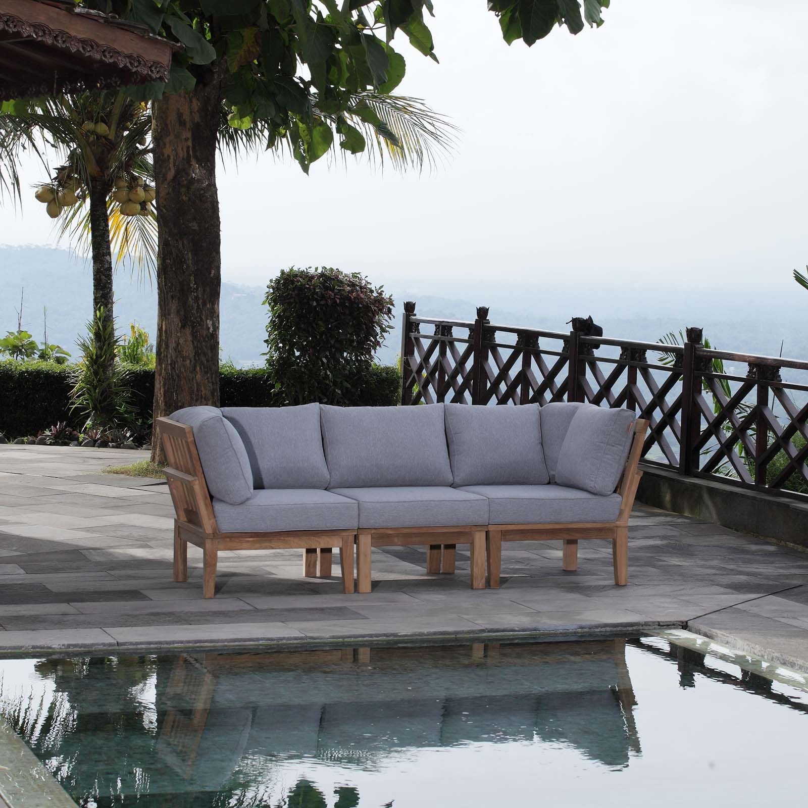 The appearance of Marina Gray 3 Piece Outdoor Patio Teak Set EEI-1820-NAT-GRY-SET designed by Modway in the modern / contemporary interior design. This gray piece of furniture  was selected by 1StopBedrooms from Marina Collection to add a touch of cosiness and style into your home. Sku: EEI-1143-CUSHION-GRY;EEI-1146-CUSHION-GRY;EEI-1146-NAT;EEI-1150-NAT;EEI-1146-CUSHION-GRY;EEI-1146-NAT. Material: Wood.