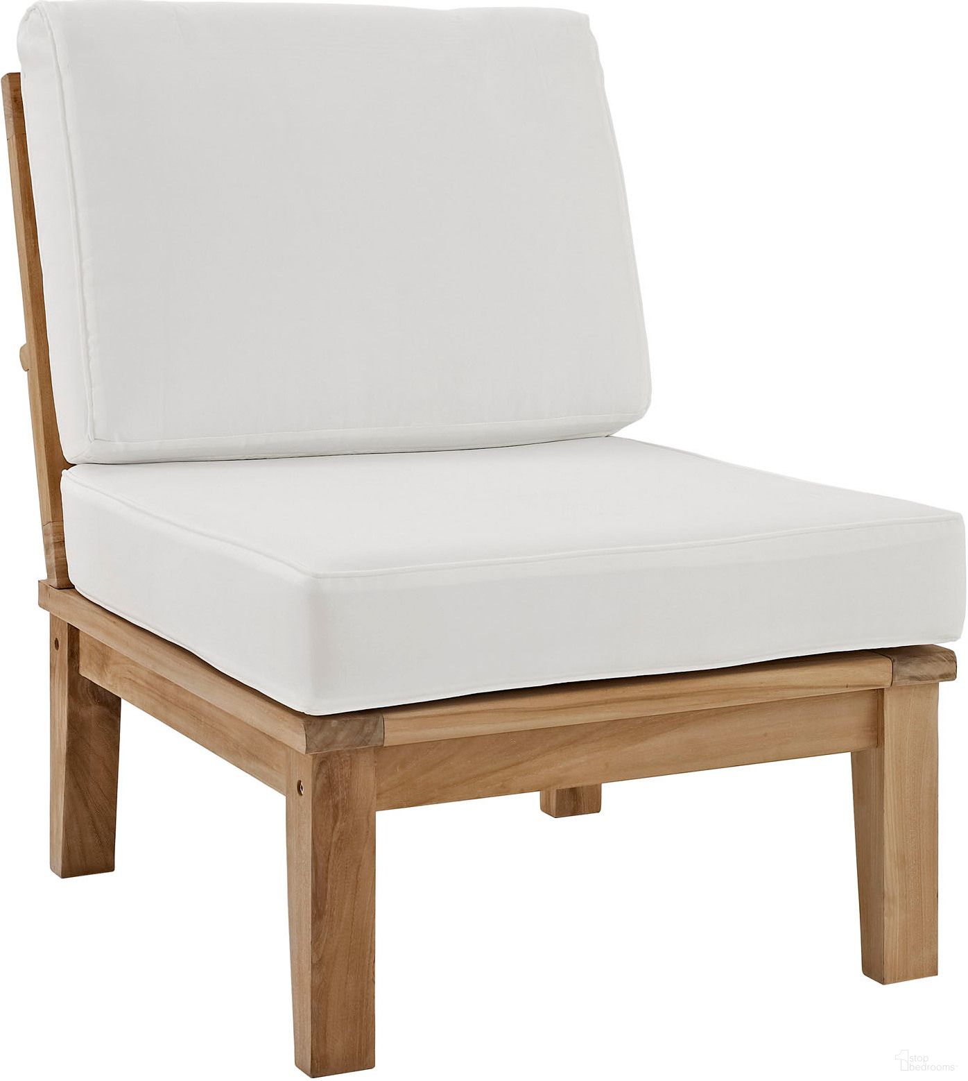 The appearance of Marina White Armless Outdoor Patio Teak Sofa EEI-1150-NAT-WHI-SET designed by Modway in the modern / contemporary interior design. This white piece of furniture  was selected by 1StopBedrooms from Marina Collection to add a touch of cosiness and style into your home. Sku: EEI-1143-CUSHION-R;EEI-1150-NAT. Material: Wood.